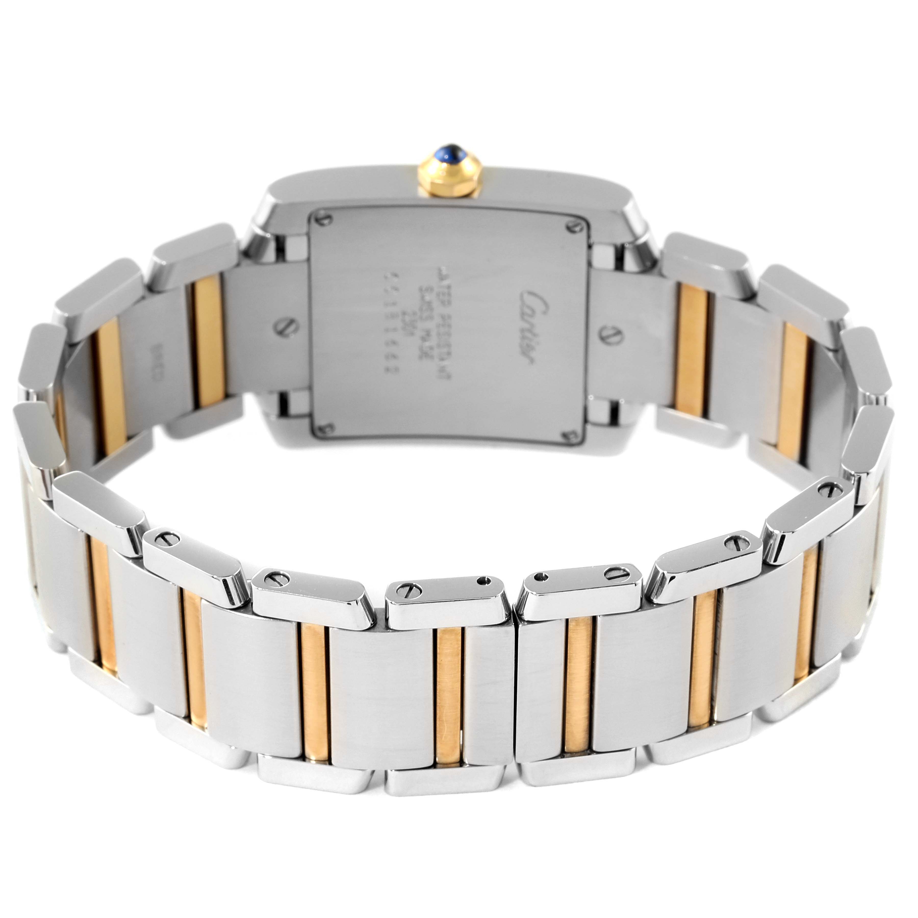 This image shows the back view of a Cartier Tank Francaise W2TA0003 Women's Steel and Gold (two tone) Silver Dial W2TA0003 Women's Steel and Gold (two tone) Silver Dial watch, highlighting its two-tone metal bracelet and caseback details.
