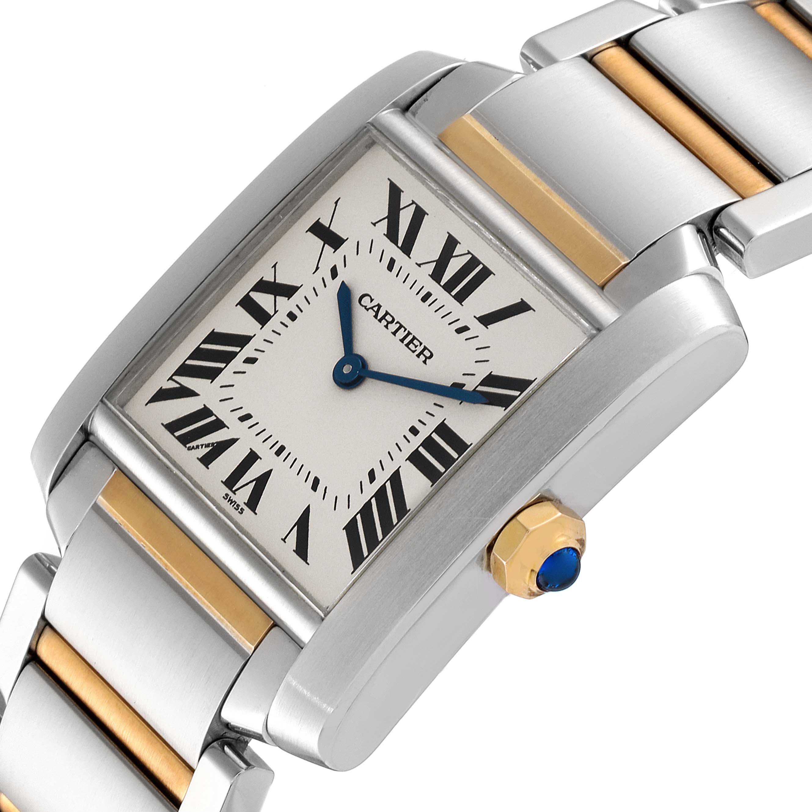 This is an angled close-up of a Cartier Tank Francaise W2TA0003 Women's Steel and Gold (two tone) Silver Dial W2TA0003 Women's Steel and Gold (two tone) Silver Dial watch showing the face, crown, and part of the bracelet.