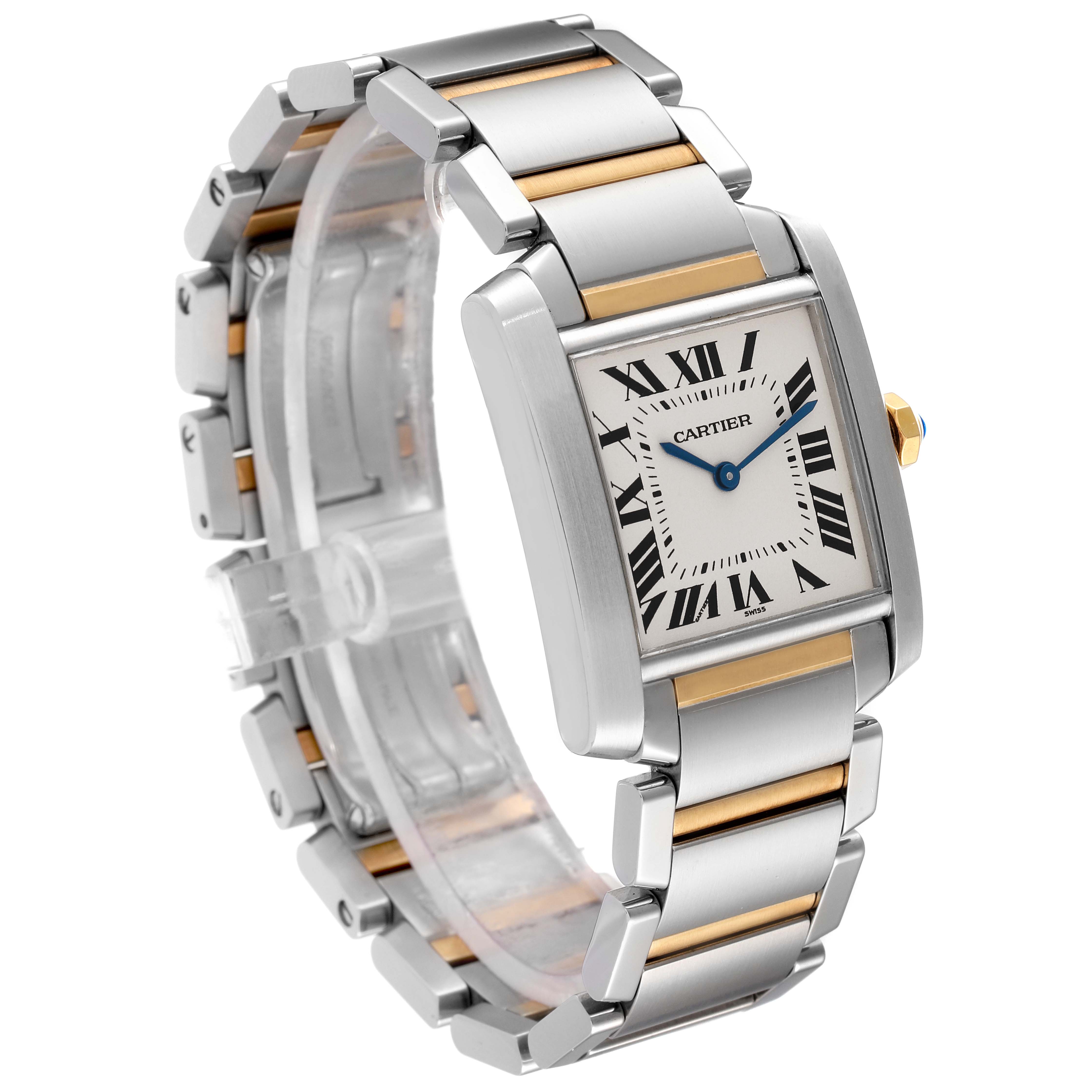 The image shows a three-quarters view of the Cartier Tank Francaise W2TA0003 Women's Steel and Gold (two tone) Silver Dial W2TA0003 Women's Steel and Gold (two tone) Silver Dial watch, highlighting its face and metal band.