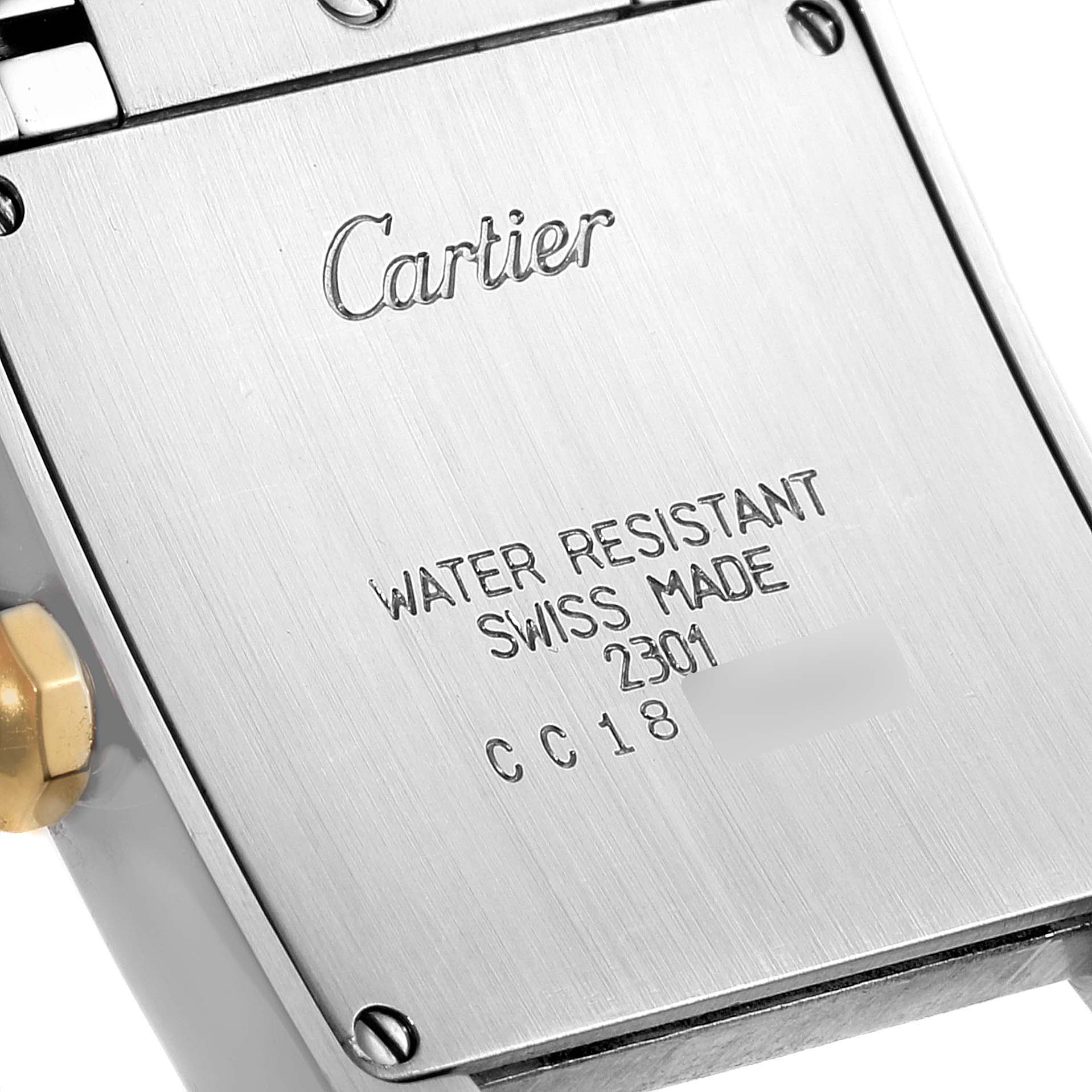 The image shows the back of the Cartier Tank Francaise W2TA0003 Women's Steel and Gold (two tone) Silver Dial W2TA0003 Women's Steel and Gold (two tone) Silver Dial watch, highlighting the brand logo and water resistance details.