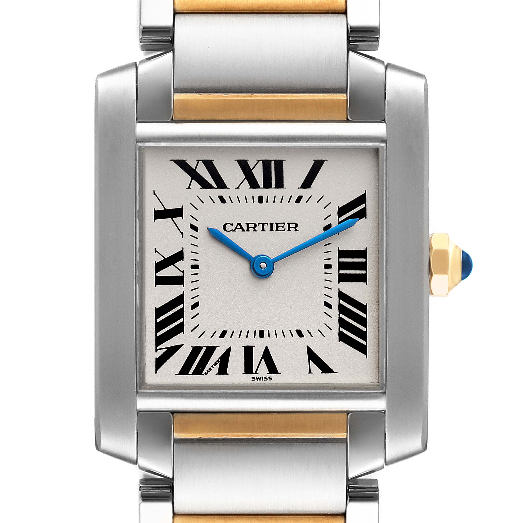 The image shows a front view of a Cartier Tank Française watch, showcasing the face, Roman numerals, blue hands, and part of the bracelet.