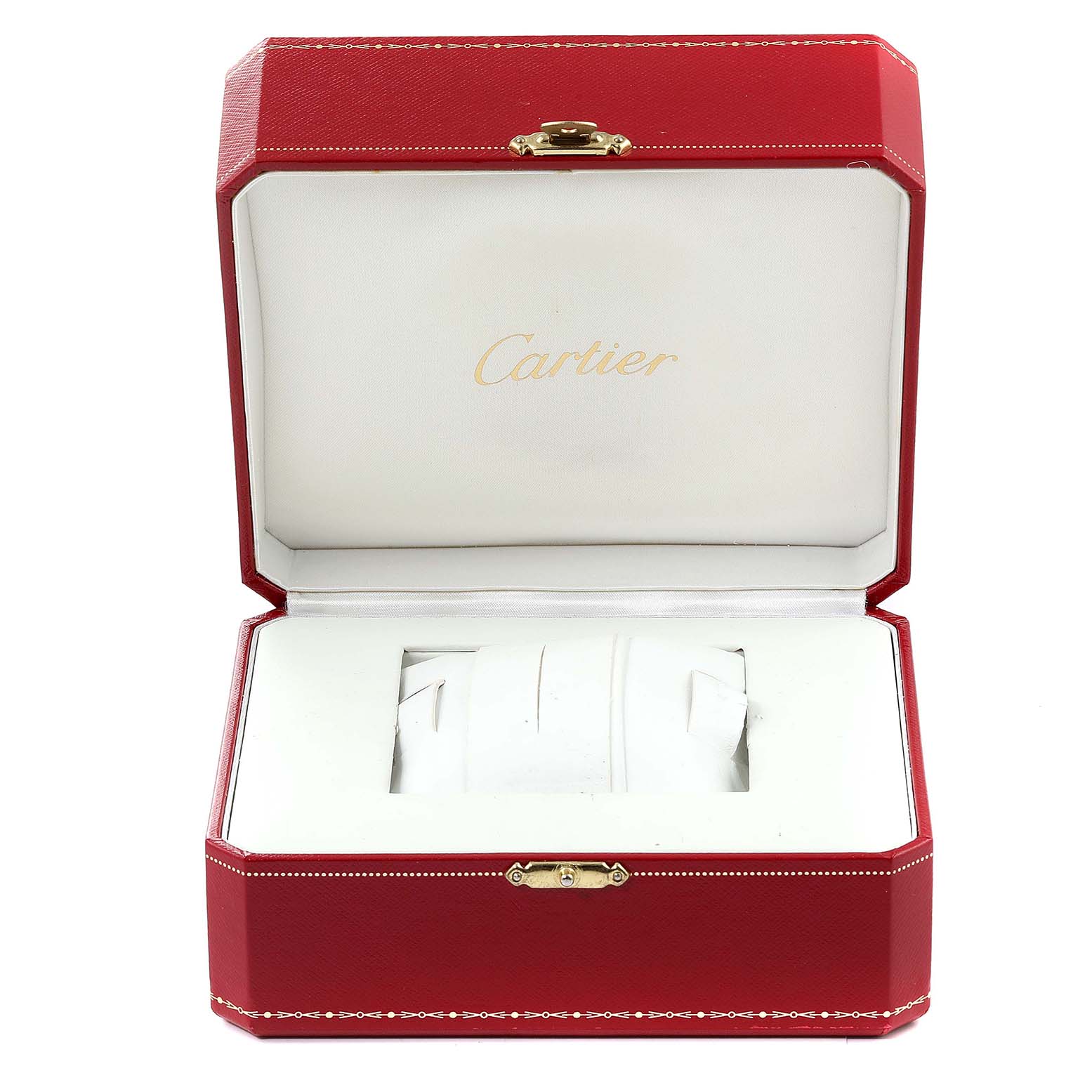 The image shows the open case of a Cartier Tank Francaise W2TA0003 Women's Steel and Gold (two tone) Silver Dial W2TA0003 Women's Steel and Gold (two tone) Silver Dial watch, highlighting the interior and branding.