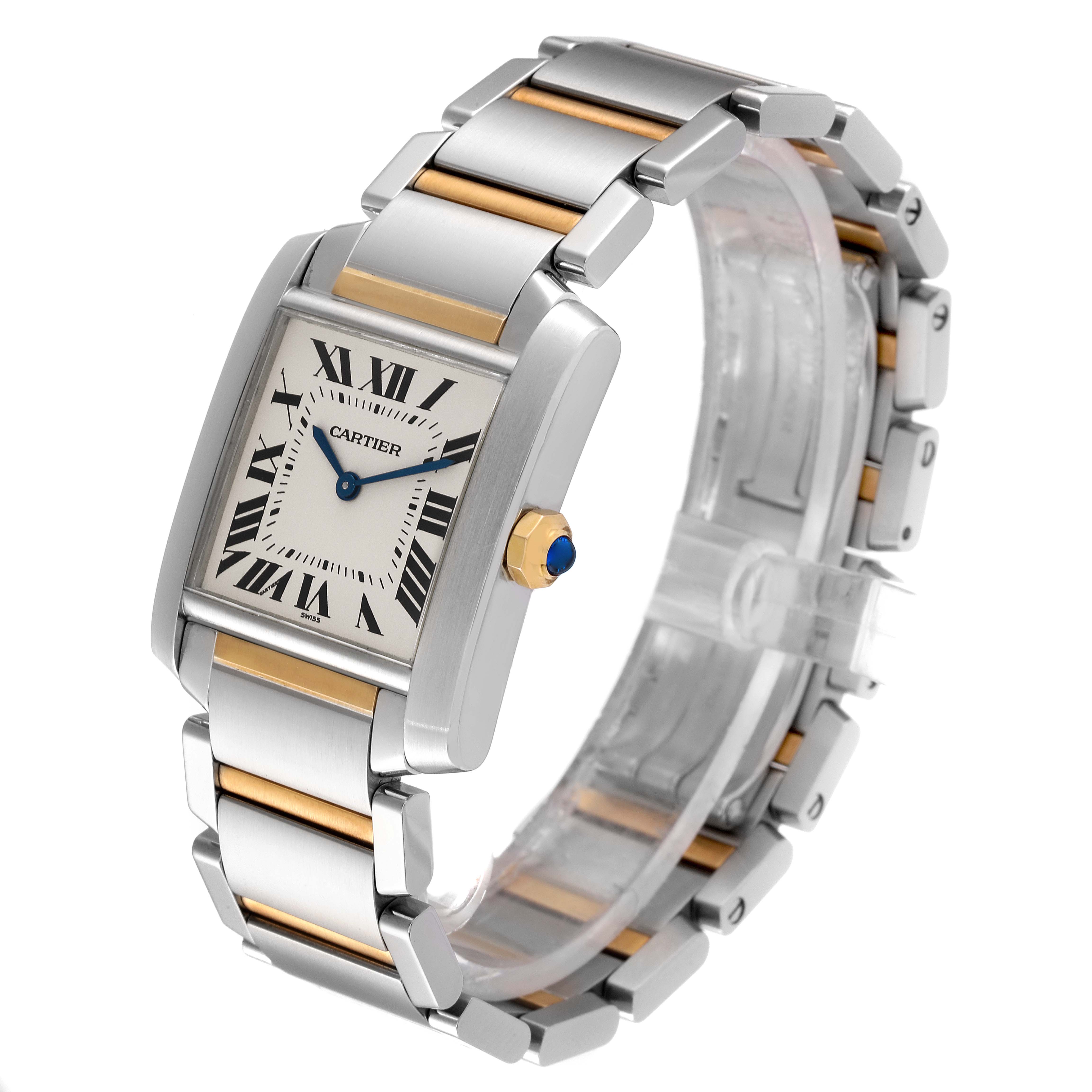 The image shows a tank francaise model by Cartier from an angled view, highlighting the face, strap, and side crown.