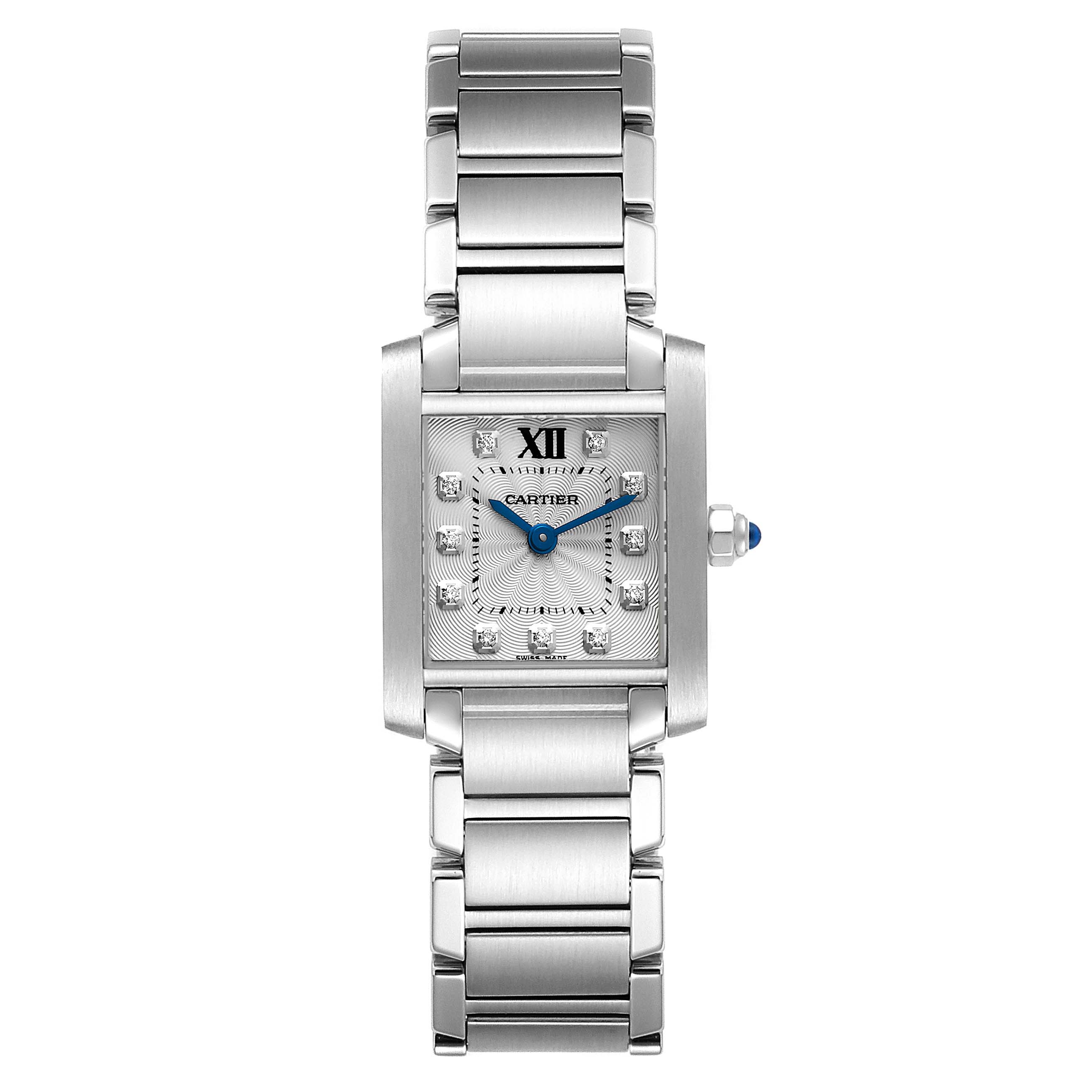 The image shows a front view of the Cartier Tank Francaise WE110006 Women's Stainless Steel Silver Dial WE110006 Women's Stainless Steel Silver Dial watch, highlighting its rectangular face, bracelet, and blue hands.