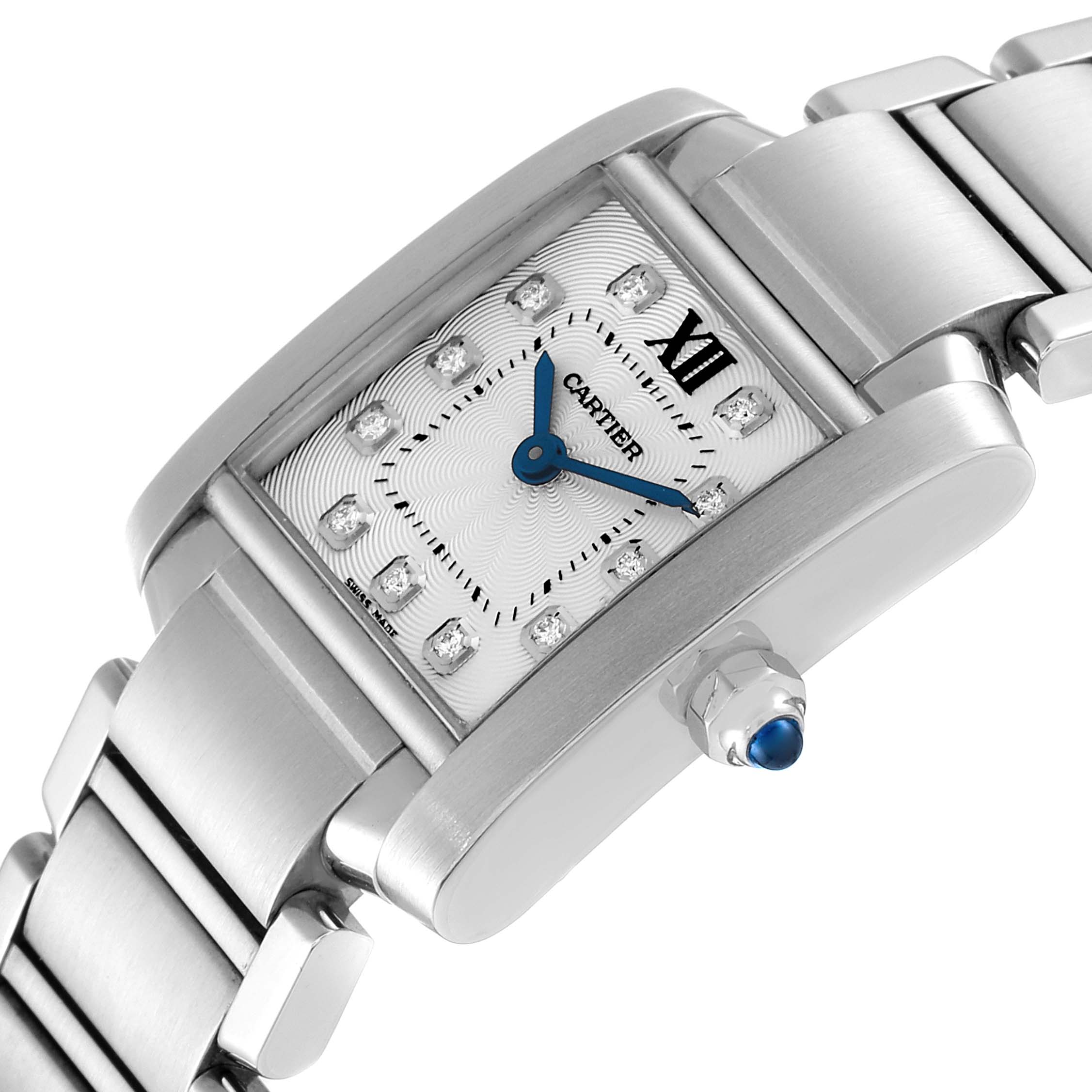 This image shows a close-up of the Cartier Tank Francaise WE110006 Women's Stainless Steel Silver Dial WE110006 Women's Stainless Steel Silver Dial watch face and a portion of its metal bracelet, angled slightly to the side.