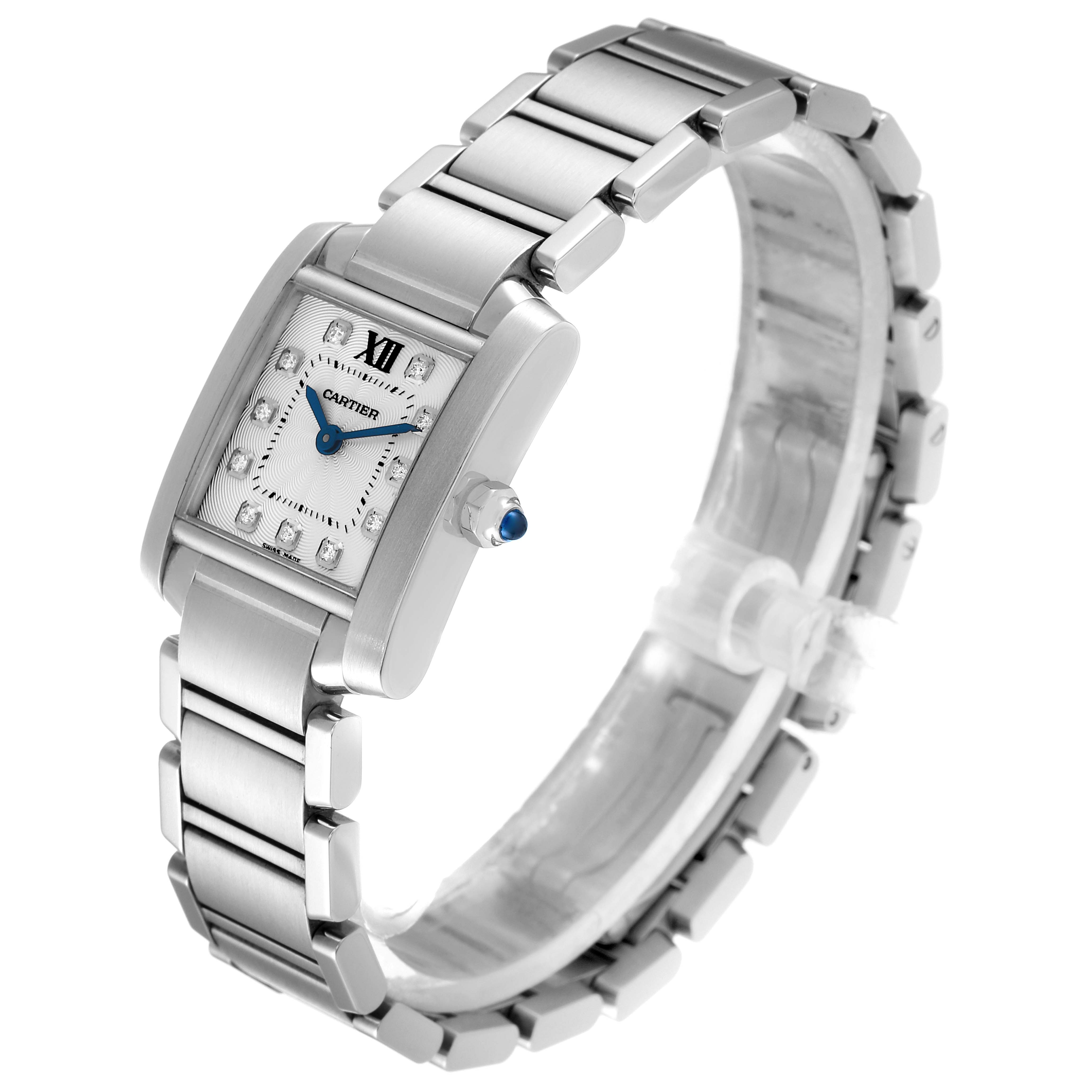 The image shows a Cartier Tank Francaise WE110006 Women's Stainless Steel Silver Dial WE110006 Women's Stainless Steel Silver Dial watch at an angled side view displaying its face, bracelet, and crown.
