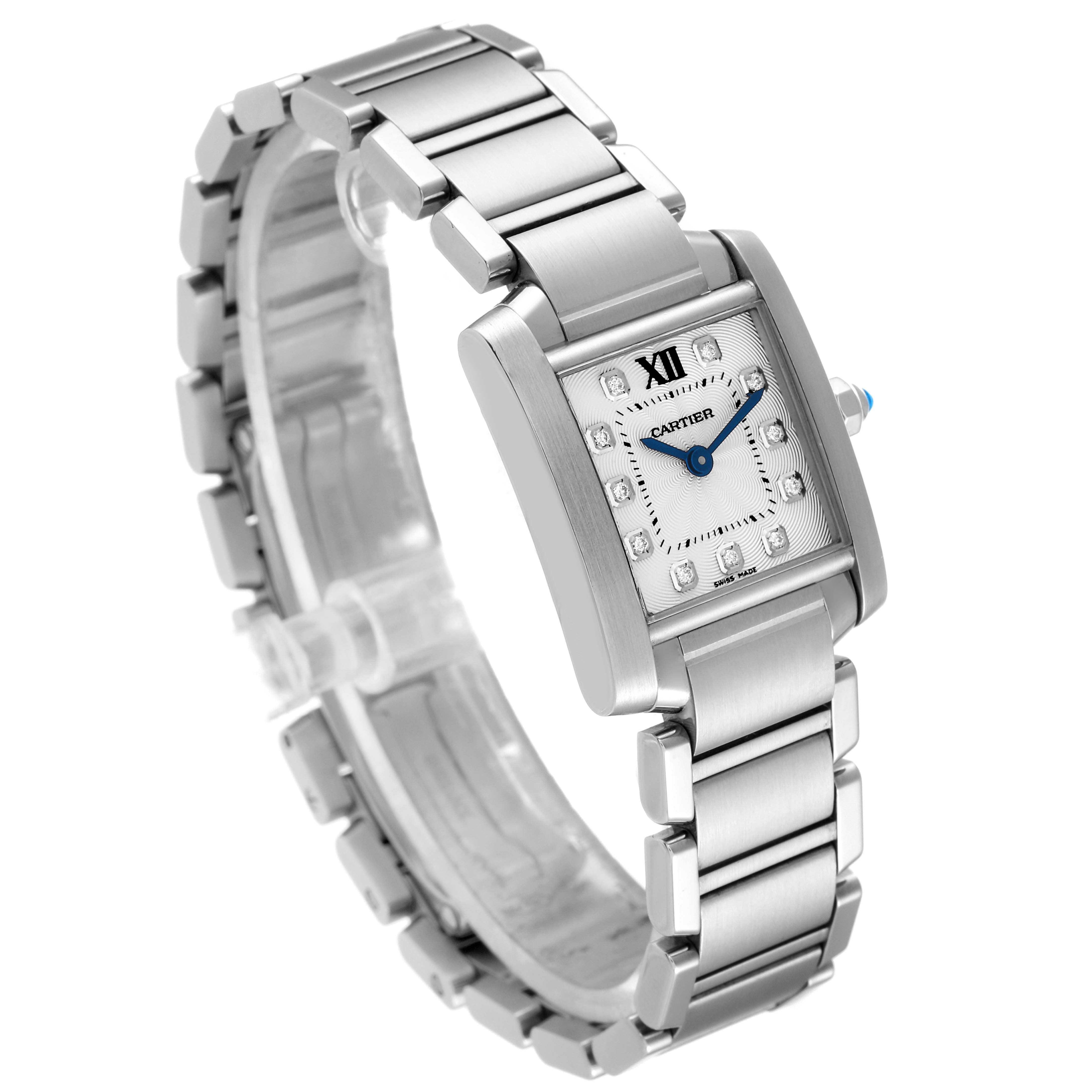 This image shows a side angle of the Cartier Tank Française watch, highlighting the bracelet and rectangular face.