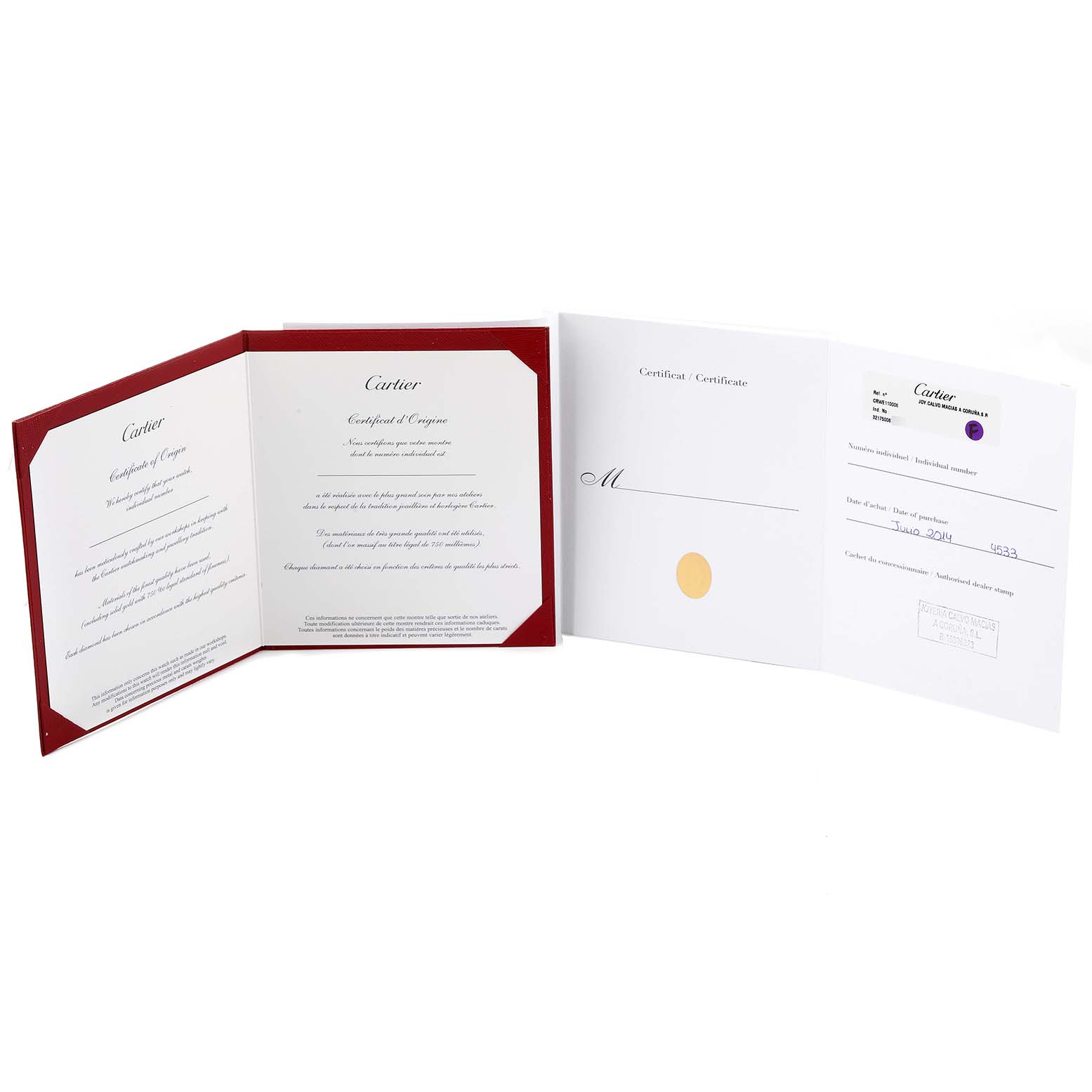 The image shows the certification and warranty documents for the Cartier Tank Francaise WE110006 Women's Stainless Steel Silver Dial WE110006 Women's Stainless Steel Silver Dial watch, displayed fully open.