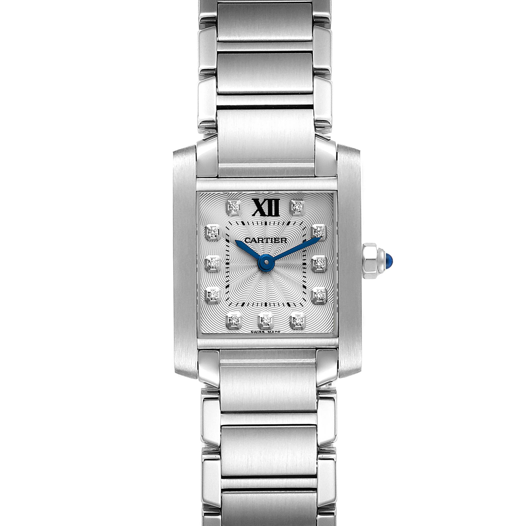 This image shows a frontal view of a Cartier Tank Française watch, highlighting its rectangular dial and stainless steel bracelet.