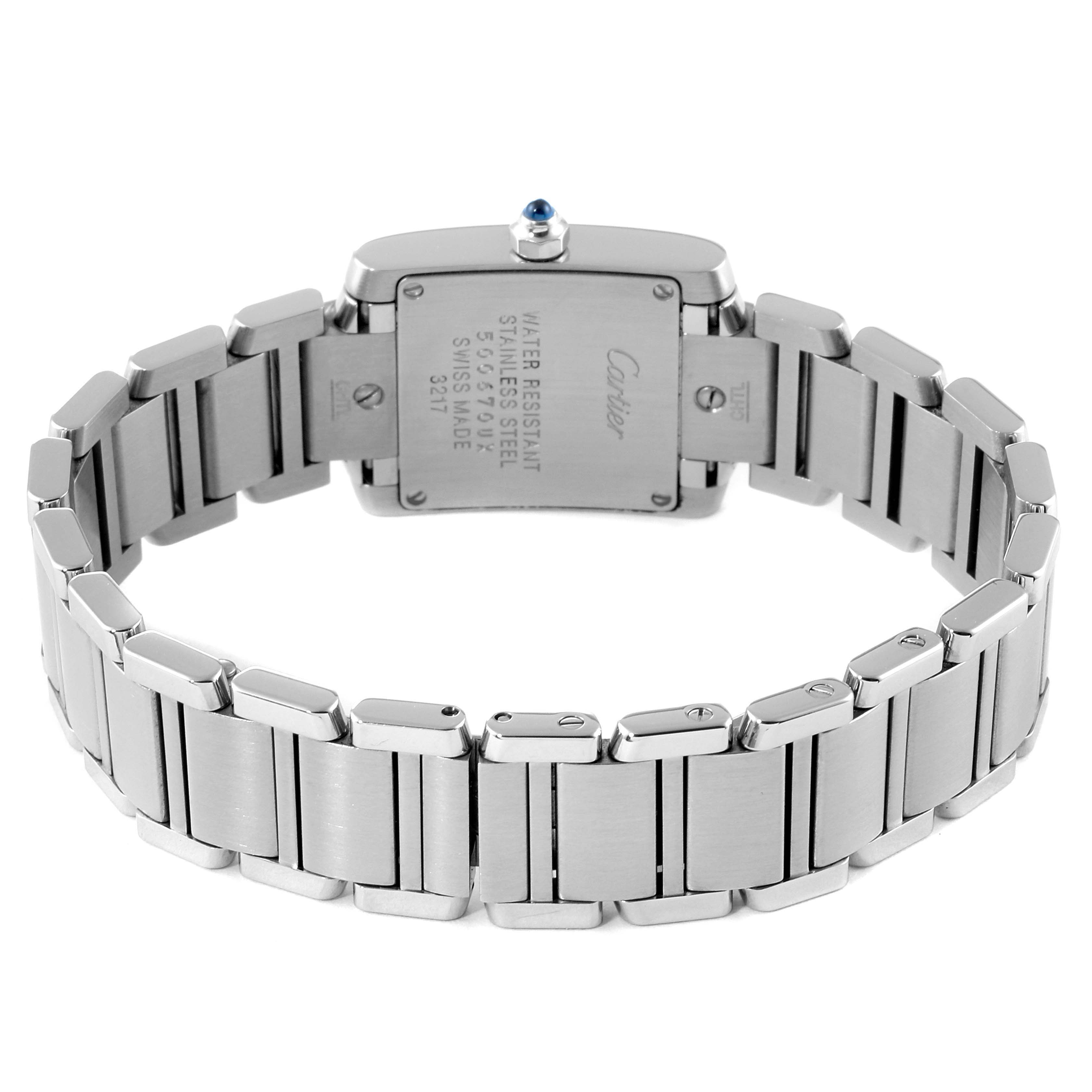 The image shows the back view and bracelet of the Cartier Tank Francaise WE110006 Women's Stainless Steel Silver Dial WE110006 Women's Stainless Steel Silver Dial watch.
