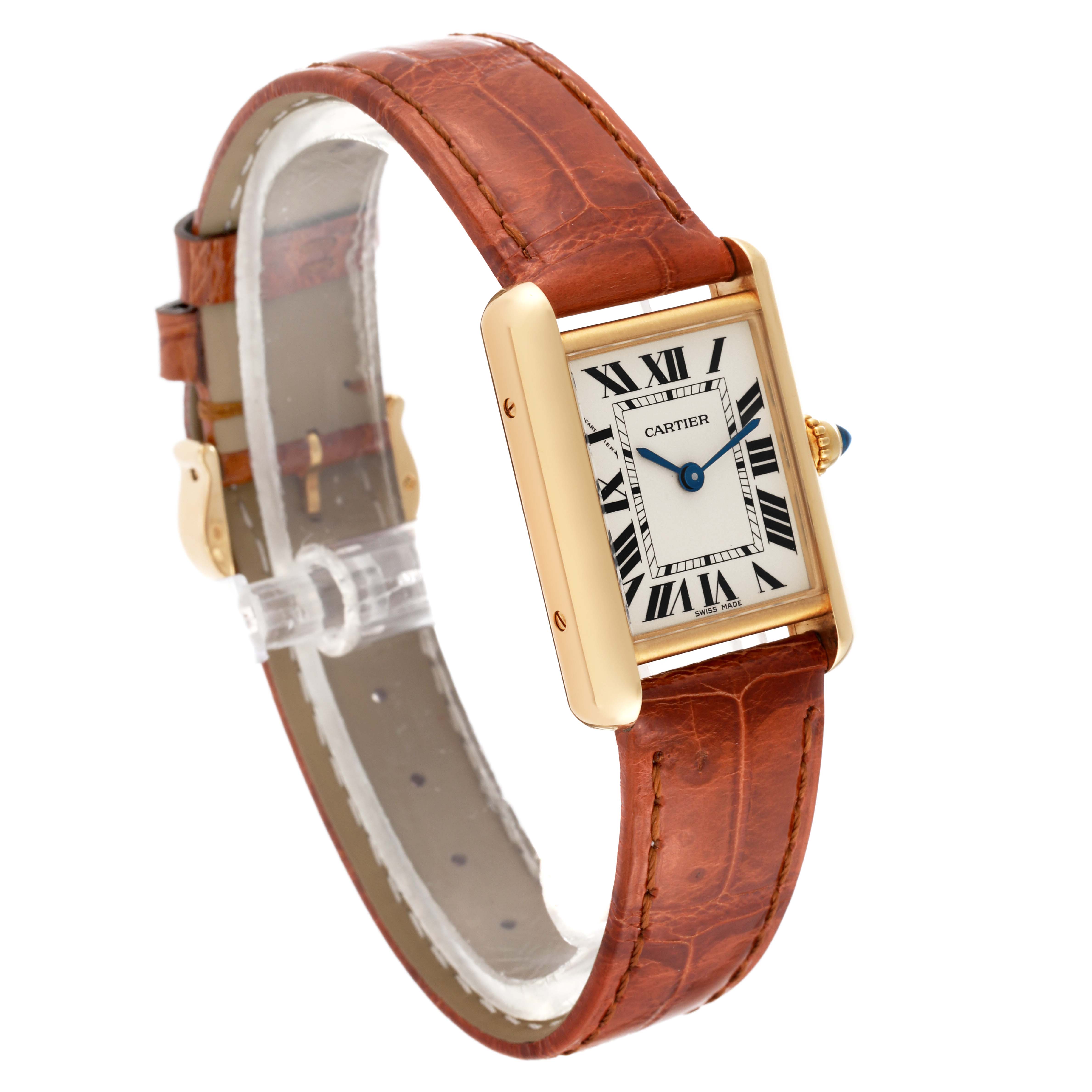 This image shows a side angle view of the Cartier Tank Louis W1529856 Women's Yellow Gold Silver Dial W1529856 Women's Yellow Gold Silver Dial watch, highlighting the face, case, and leather strap.