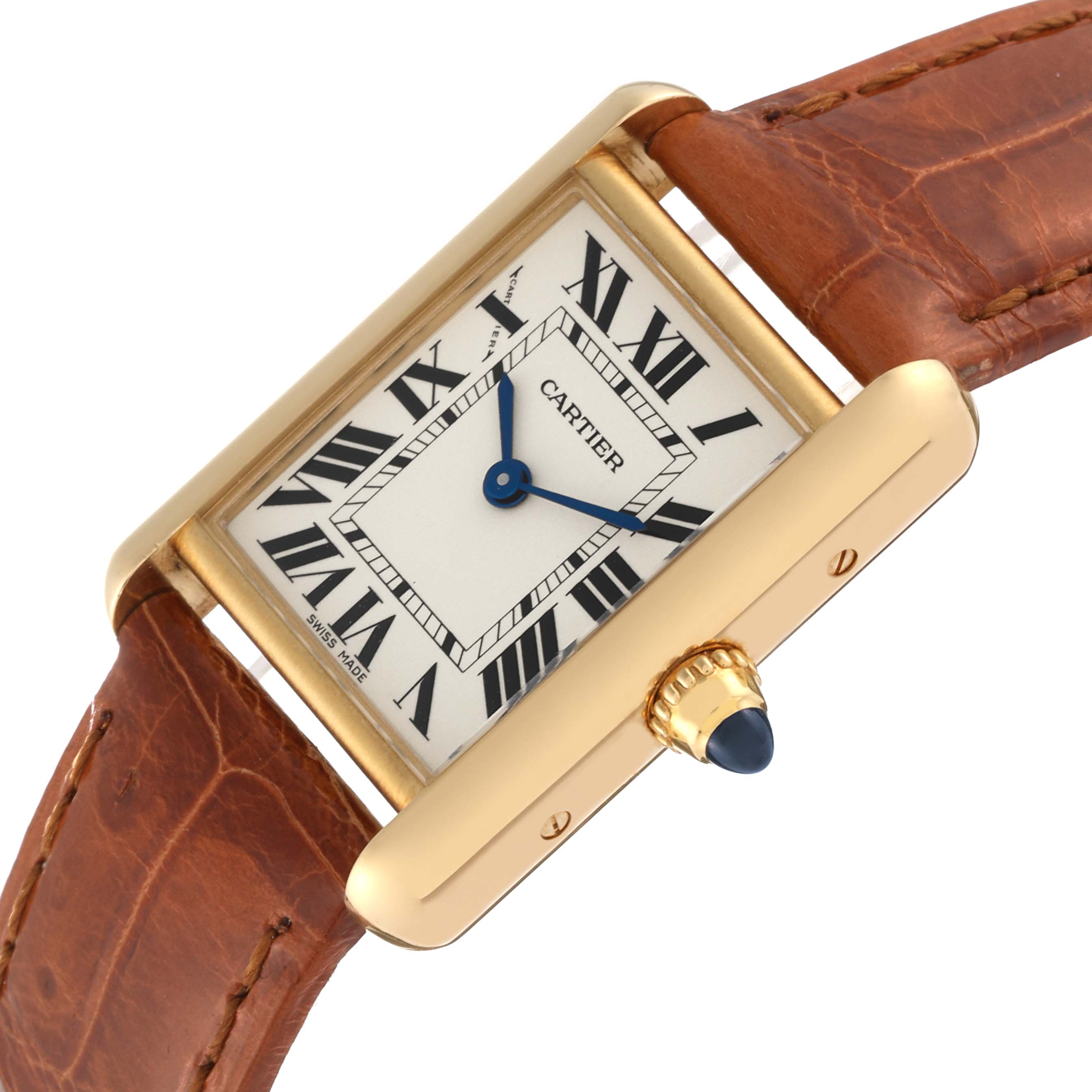 The image shows a Cartier Tank Louis W1529856 Women's Yellow Gold Silver Dial W1529856 Women's Yellow Gold Silver Dial watch viewed from an angled close-up, displaying its dial, bezel, crown, and strap.