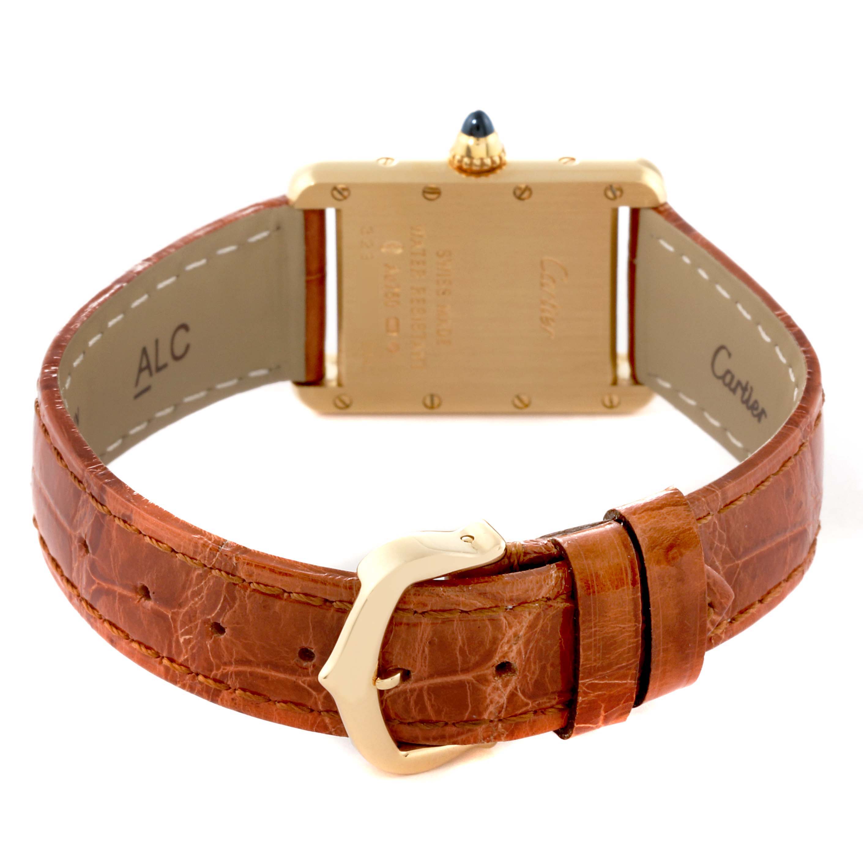 The image shows the back case and leather strap of the Cartier Tank Louis W1529856 Women's Yellow Gold Silver Dial W1529856 Women's Yellow Gold Silver Dial watch.