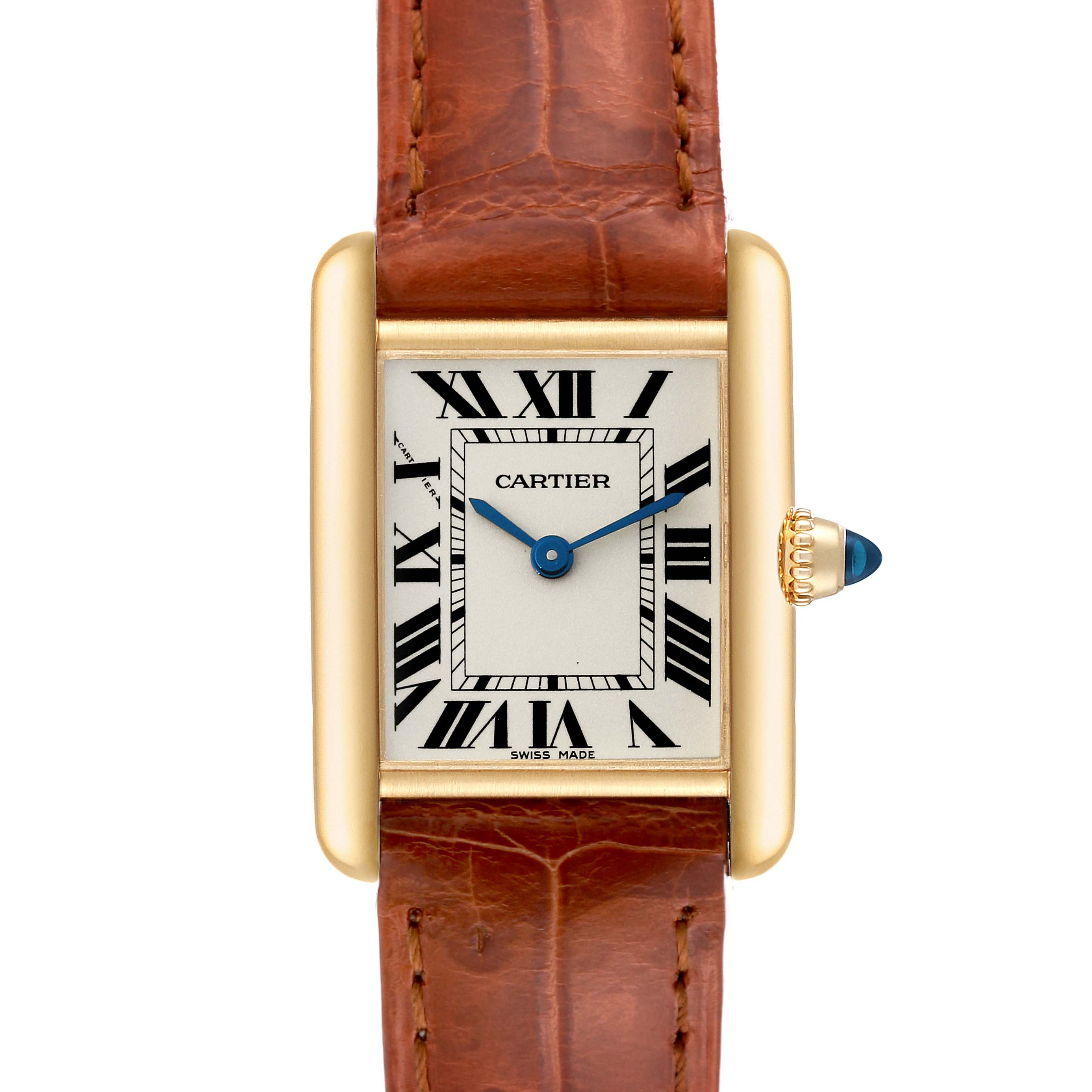 The image shows a front view of a Cartier Tank Louis W1529856 Women's Yellow Gold Silver Dial W1529856 Women's Yellow Gold Silver Dial watch with a gold case, Roman numerals, and a brown leather strap.