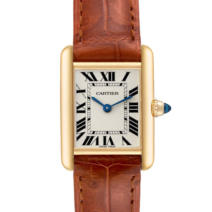 The image shows a front view of a Cartier Tank Louis watch with a gold case, Roman numerals, and a brown leather strap.