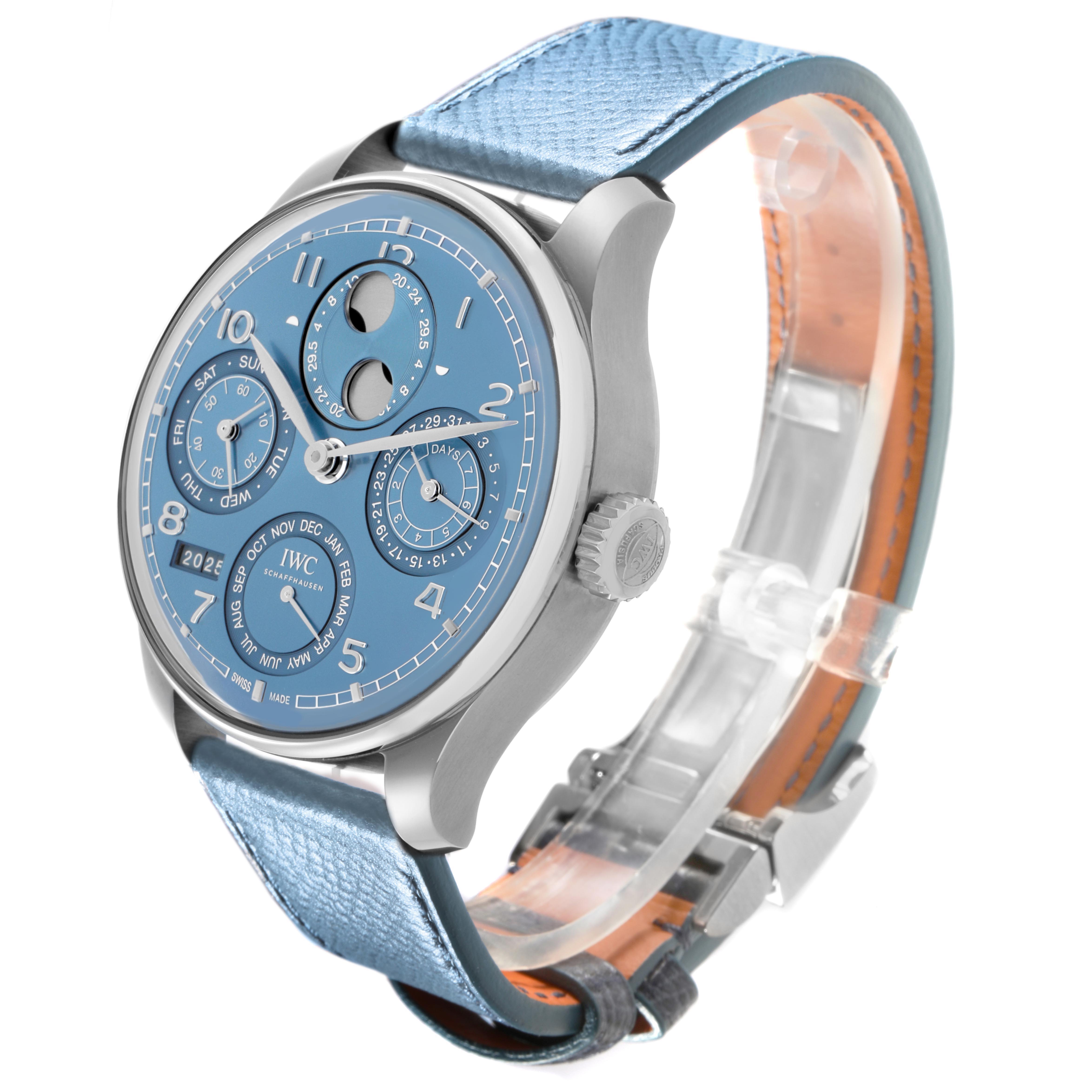 The IWC Portuguese model IW503703 watch is shown from an angled side view, featuring its blue dial, subdials, crown, and blue leather strap.