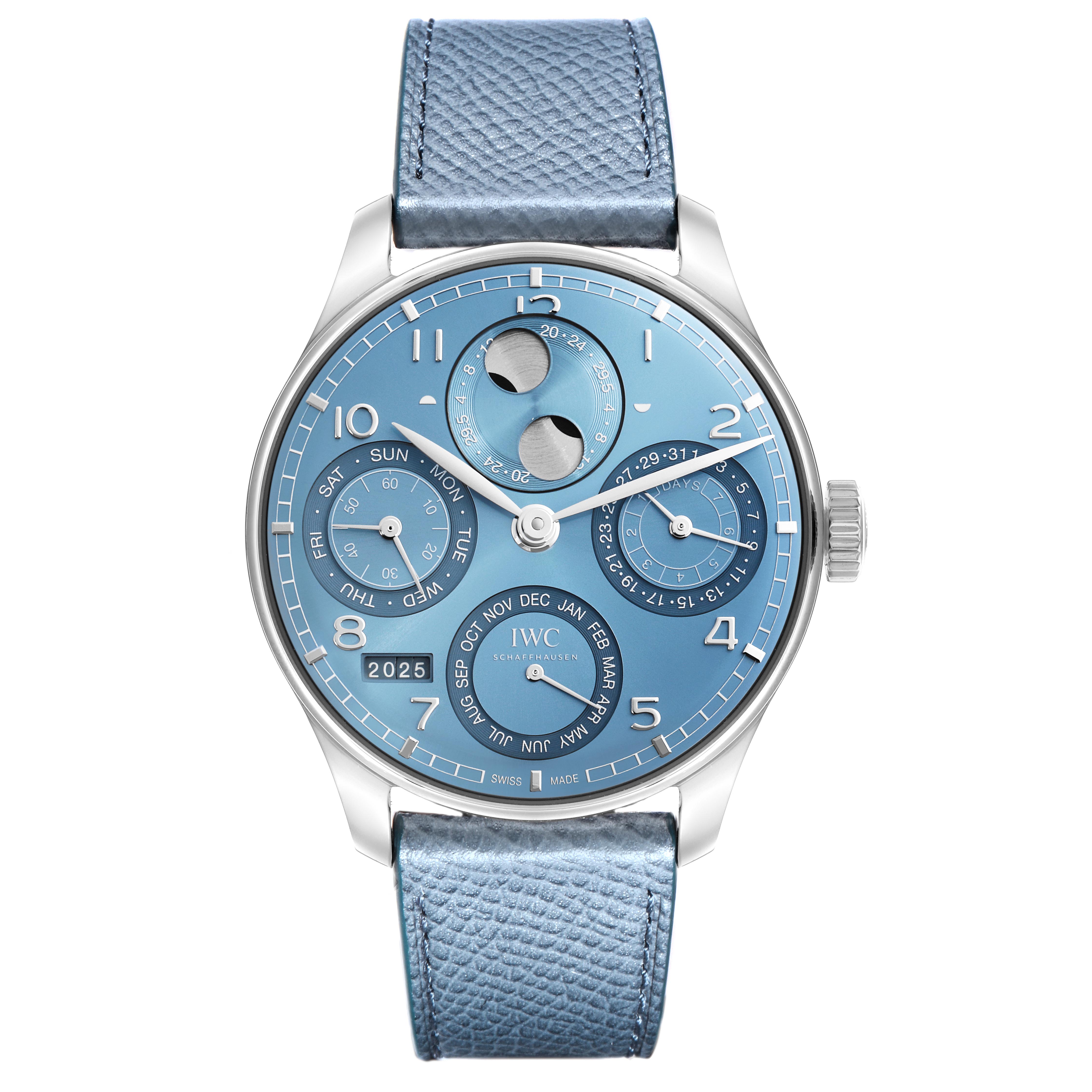 The IWC Portuguese IW503703 Men's White Gold Blue Dial IW503703 Men's White Gold Blue Dial watch is shown from a front angle, highlighting its blue dial with multiple subdials and a leather strap.