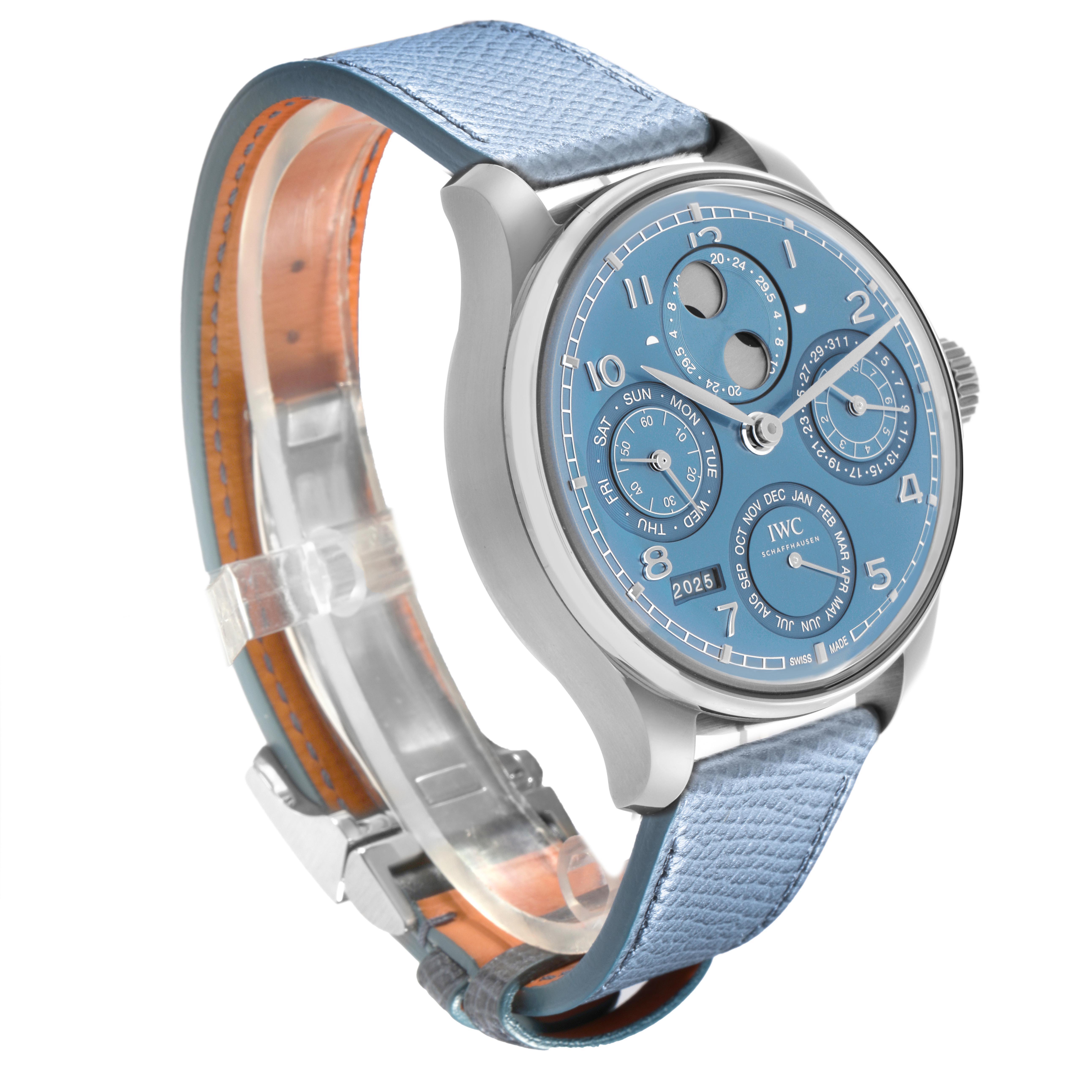 The IWC Portuguese model IW503703 watch is shown at a three-quarter angle, displaying its blue dial, multiple subdials, and light blue strap with a clasp.