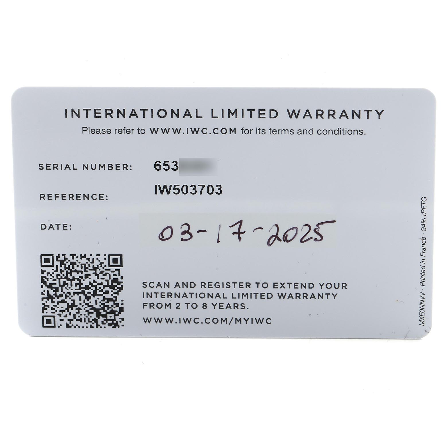The image shows the IWC Portuguese IW503703 Men's White Gold Blue Dial IW503703 Men's White Gold Blue Dial model's international limited warranty card with serial and reference numbers, and a QR code.