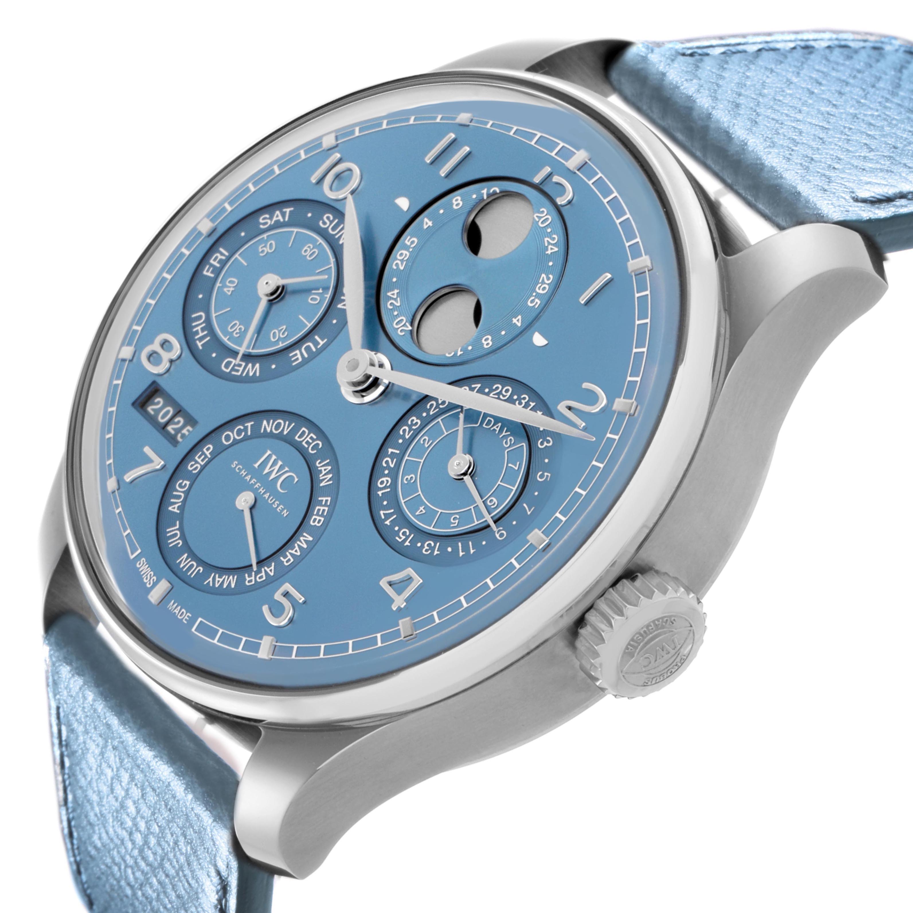 The image shows an IWC Portuguese model IW503703 watch from a slight side angle, highlighting the blue dial, subdials, moon phase, and crown.