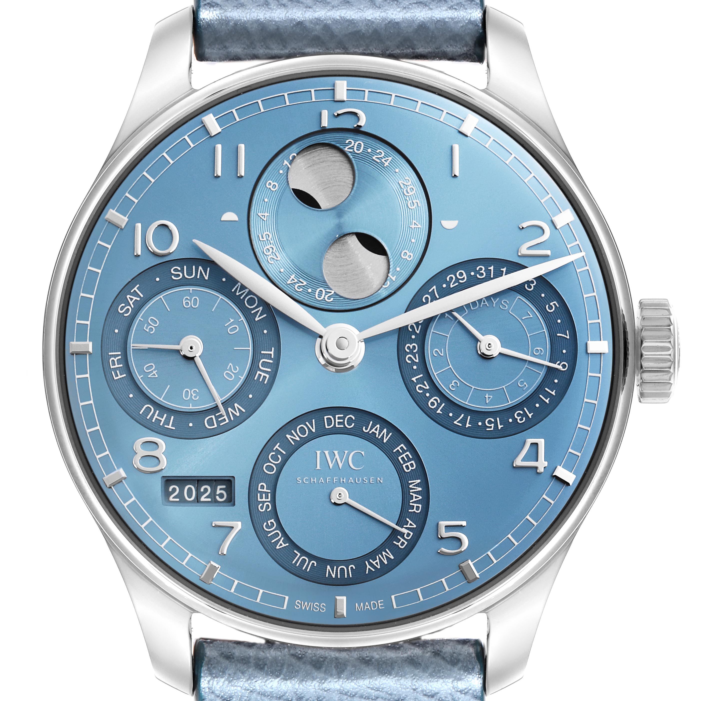 The IWC Portuguese IW503703 Men's White Gold Blue Dial IW503703 Men's White Gold Blue Dial watch is shown from a front angle, featuring subdials, a date window, and a moon phase indicator.