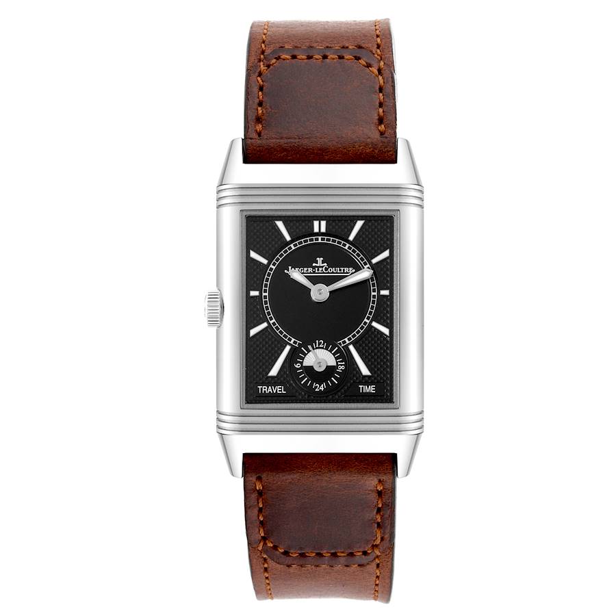 The image shows a Jaeger-LeCoultre Reverso model watch from a top-down angle, featuring a brown leather strap and black dial.