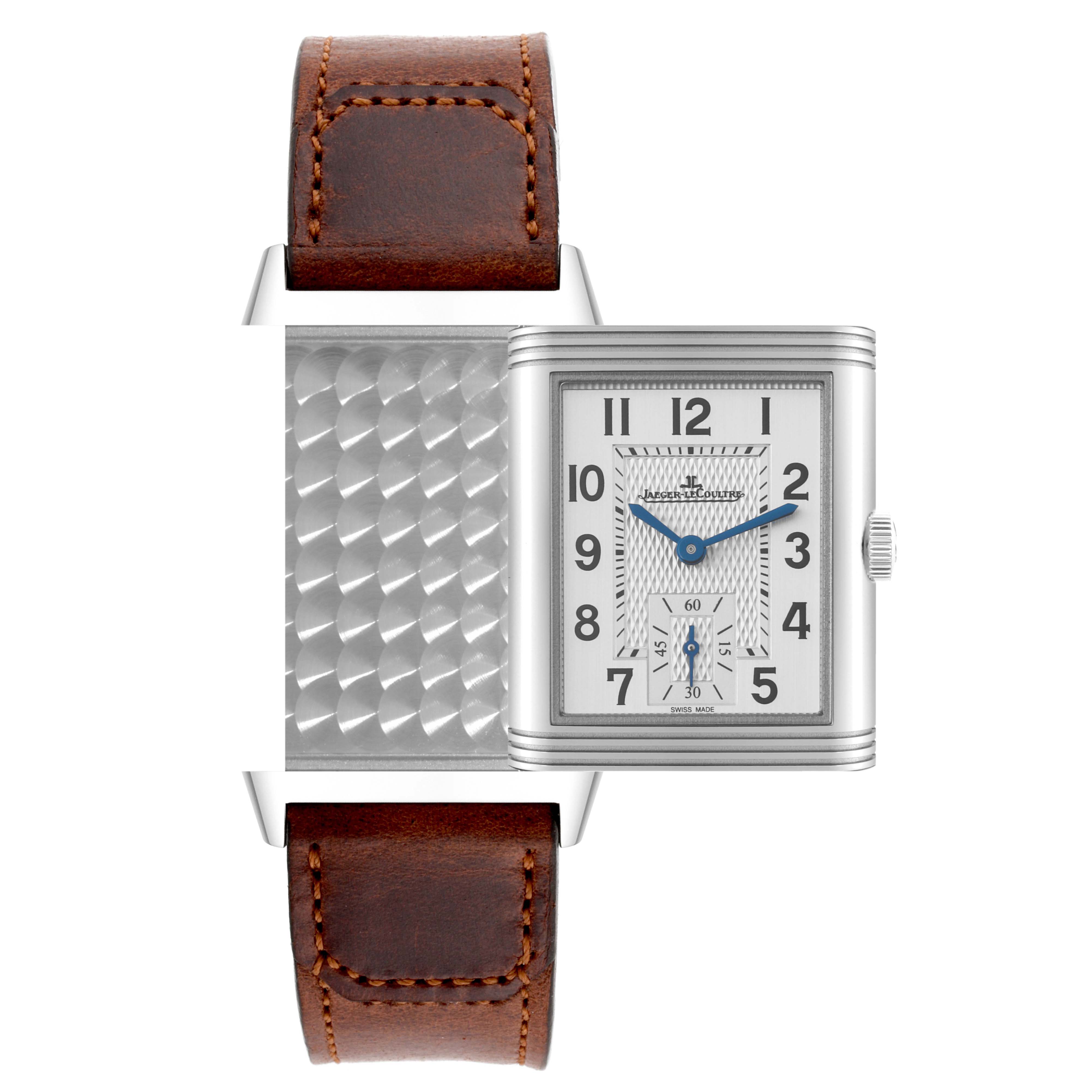 The image shows a frontal view of a Jaeger LeCoultre Reverso Q2458420 Men's Stainless Steel Black Dial Q2458420 Men's Stainless Steel Black Dial watch, highlighting its rectangular dial and brown leather strap.