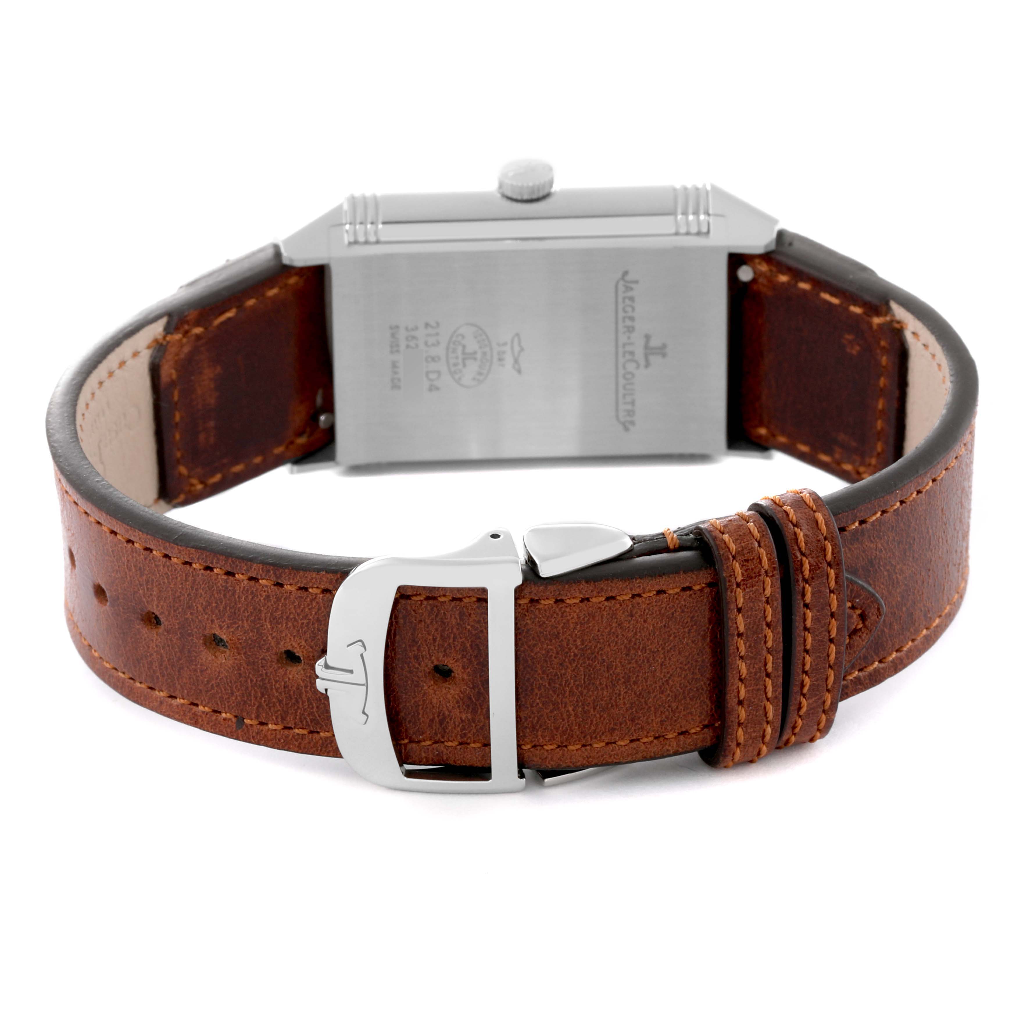 The image shows the rear view of the Jaeger LeCoultre Reverso Q2458420 Men's Stainless Steel Black Dial Q2458420 Men's Stainless Steel Black Dial model, highlighting the clasp and leather strap.