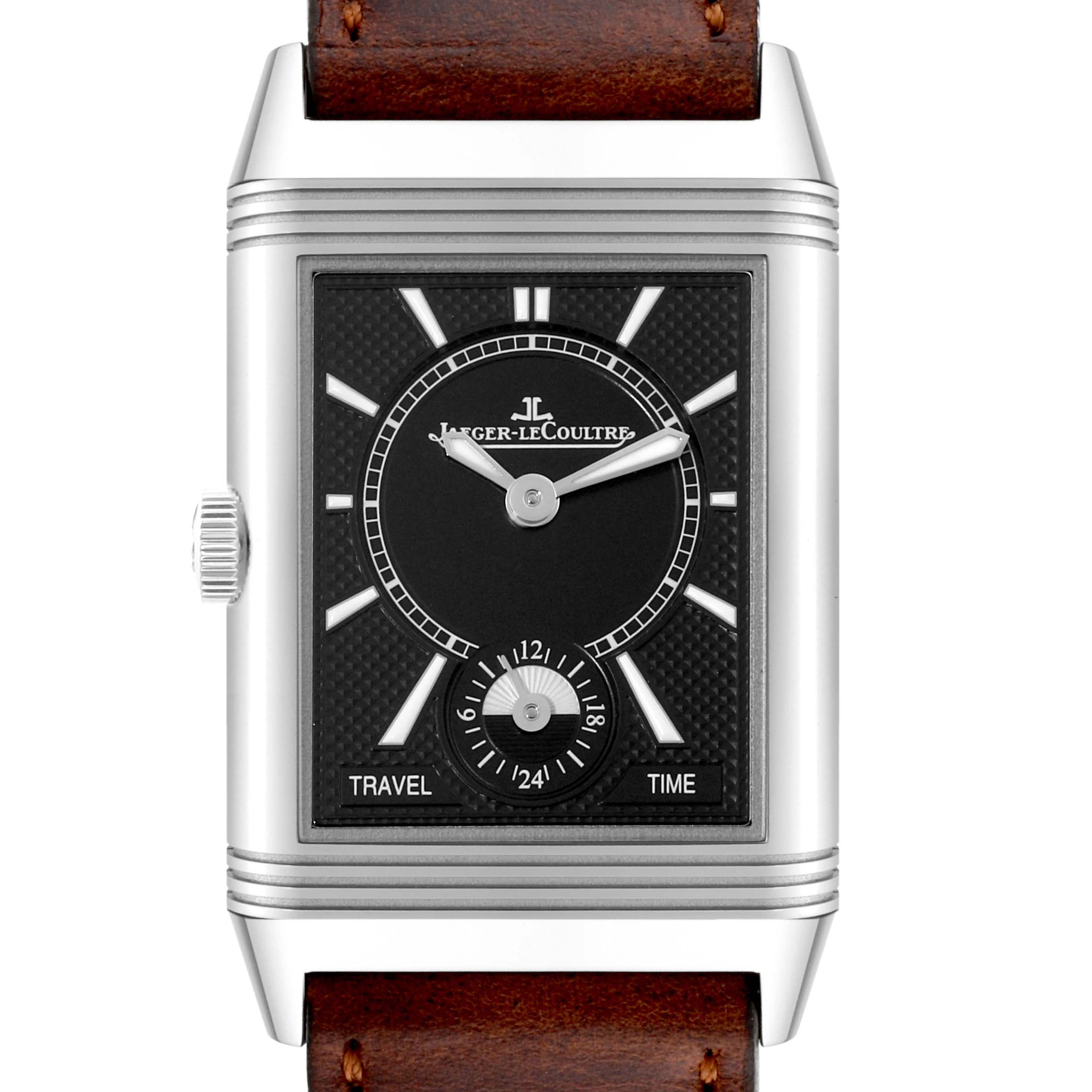 The image shows a front view of the Jaeger LeCoultre Reverso Q2458420 Men's Stainless Steel Black Dial Q2458420 Men's Stainless Steel Black Dial watch with a black dial and a brown leather strap.