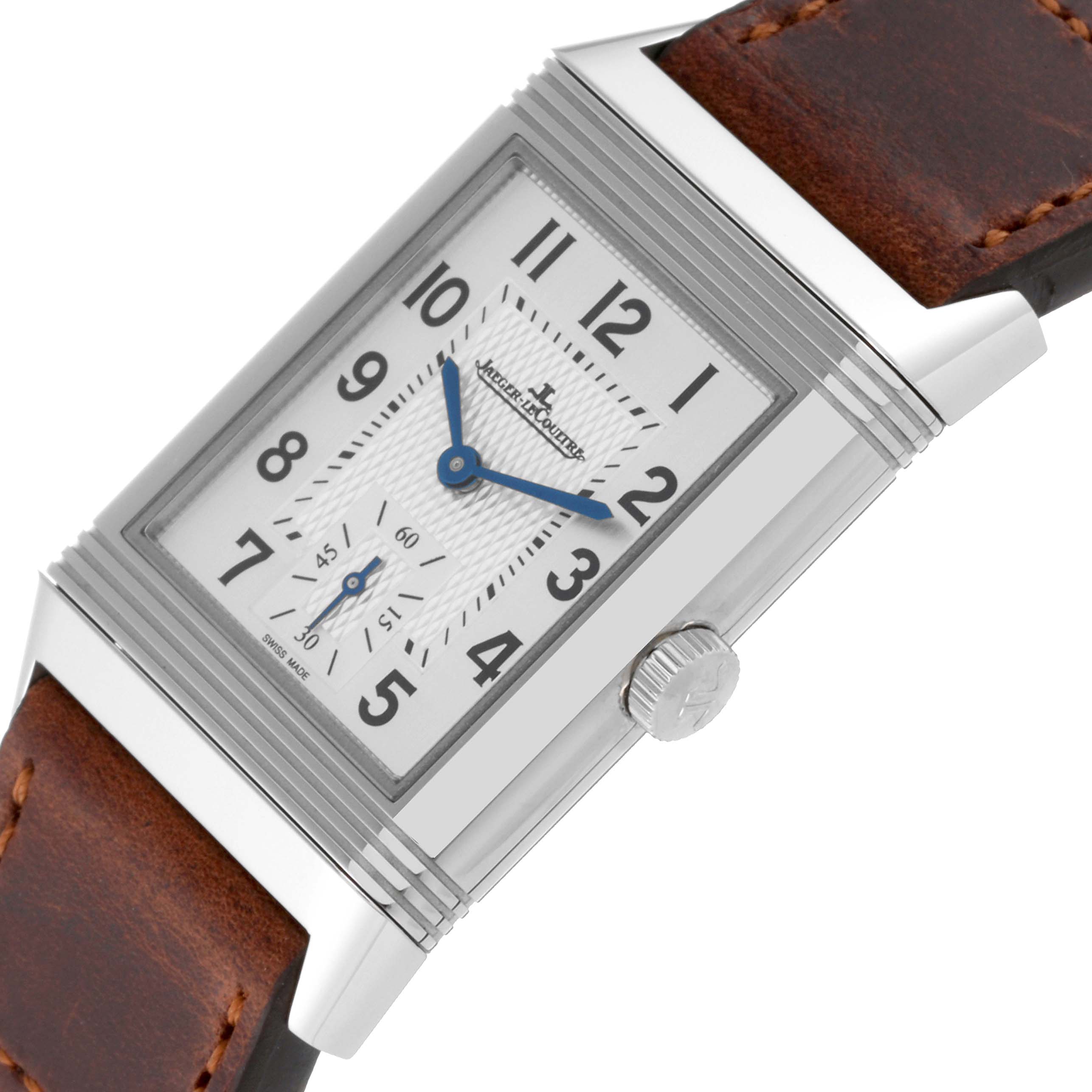 This image shows a close-up of the Jaeger LeCoultre Reverso Q2458420 Men's Stainless Steel Black Dial Q2458420 Men's Stainless Steel Black Dial model watch at an angled view, detailing the face, hands, crown, and part of the leather strap.