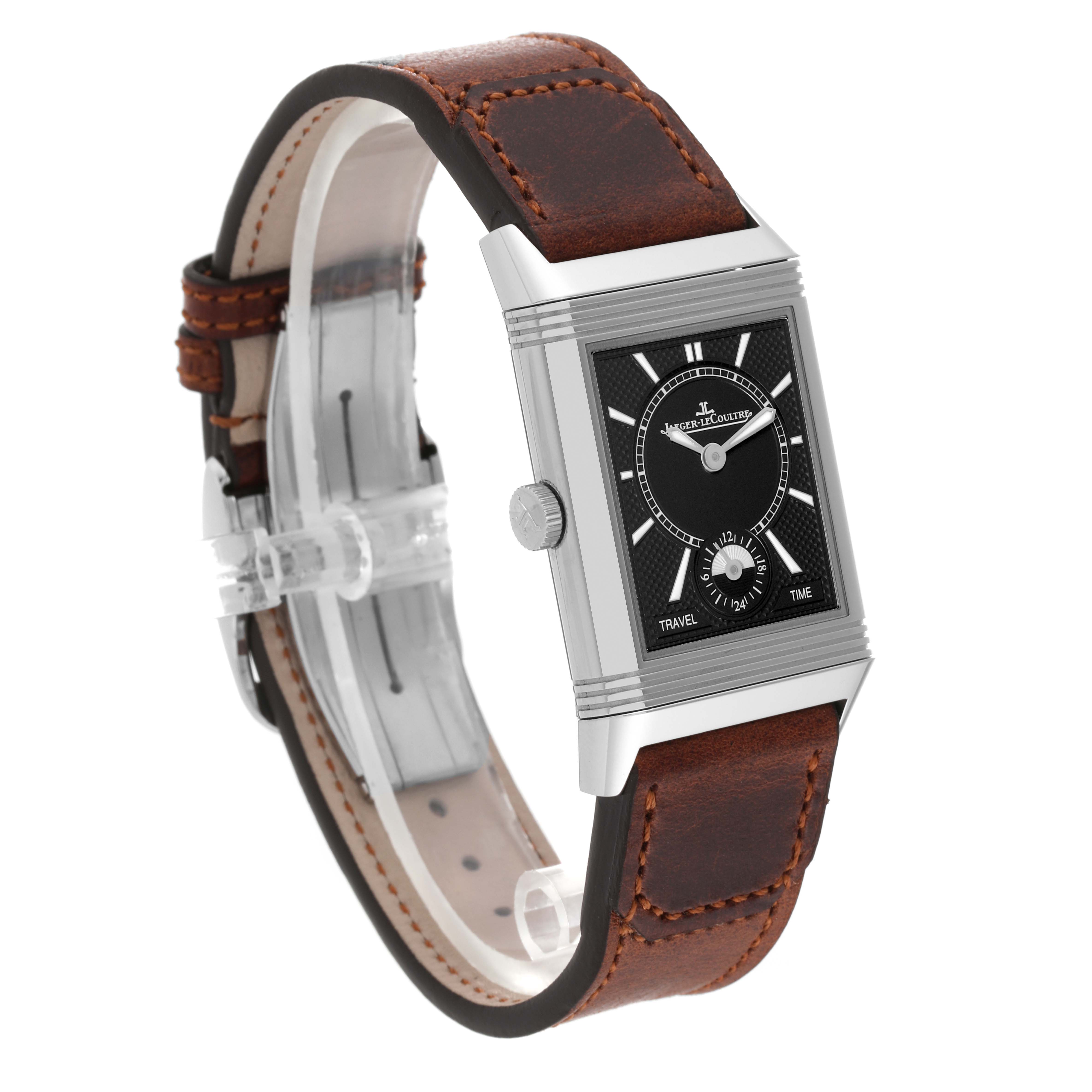 The image shows a side view of a Jaeger LeCoultre Reverso Q2458420 Men's Stainless Steel Black Dial Q2458420 Men's Stainless Steel Black Dial watch, displaying the front face and brown leather strap.