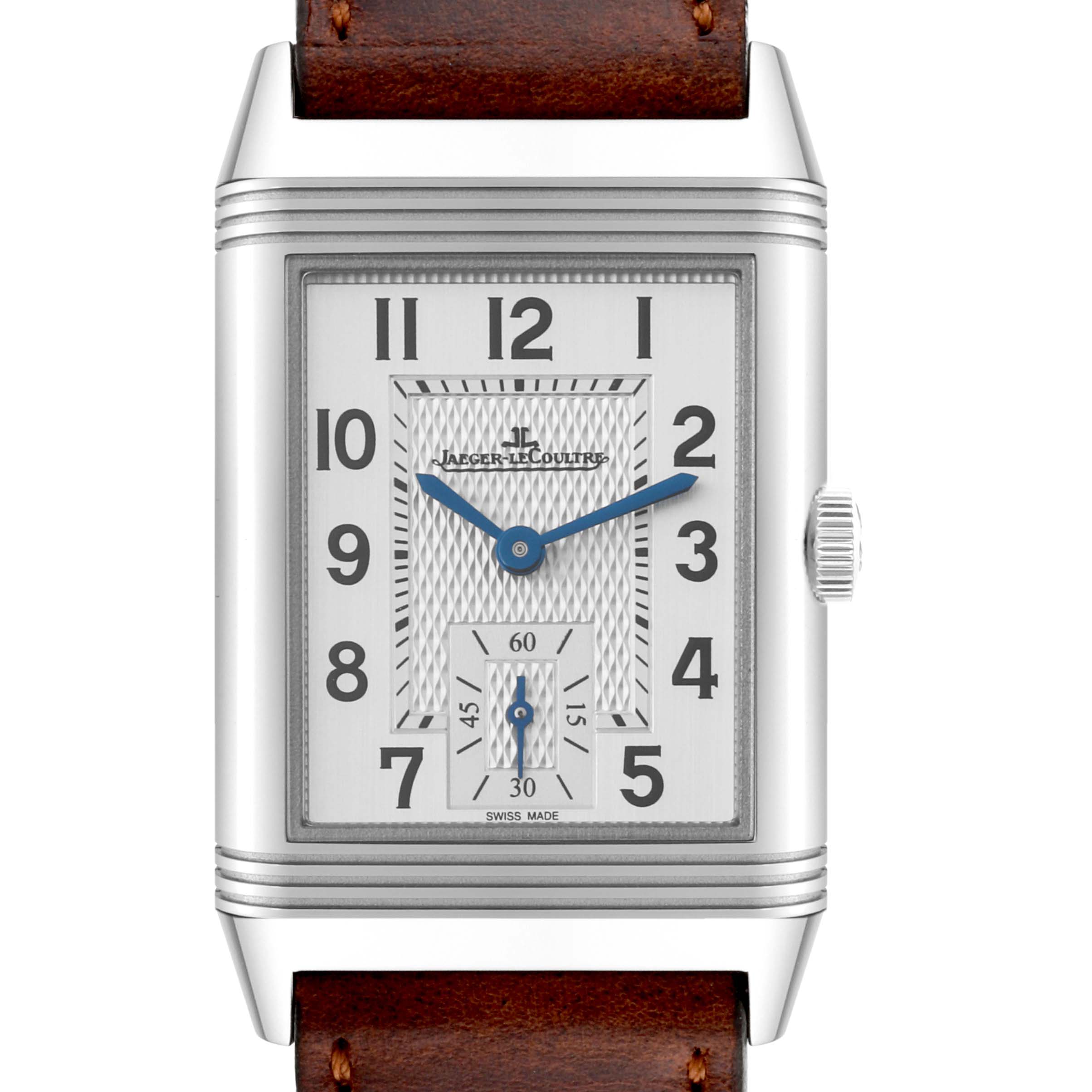 The image shows a front view of the Jaeger-LeCoultre Reverso watch featuring its dial, crown, and part of the leather strap.