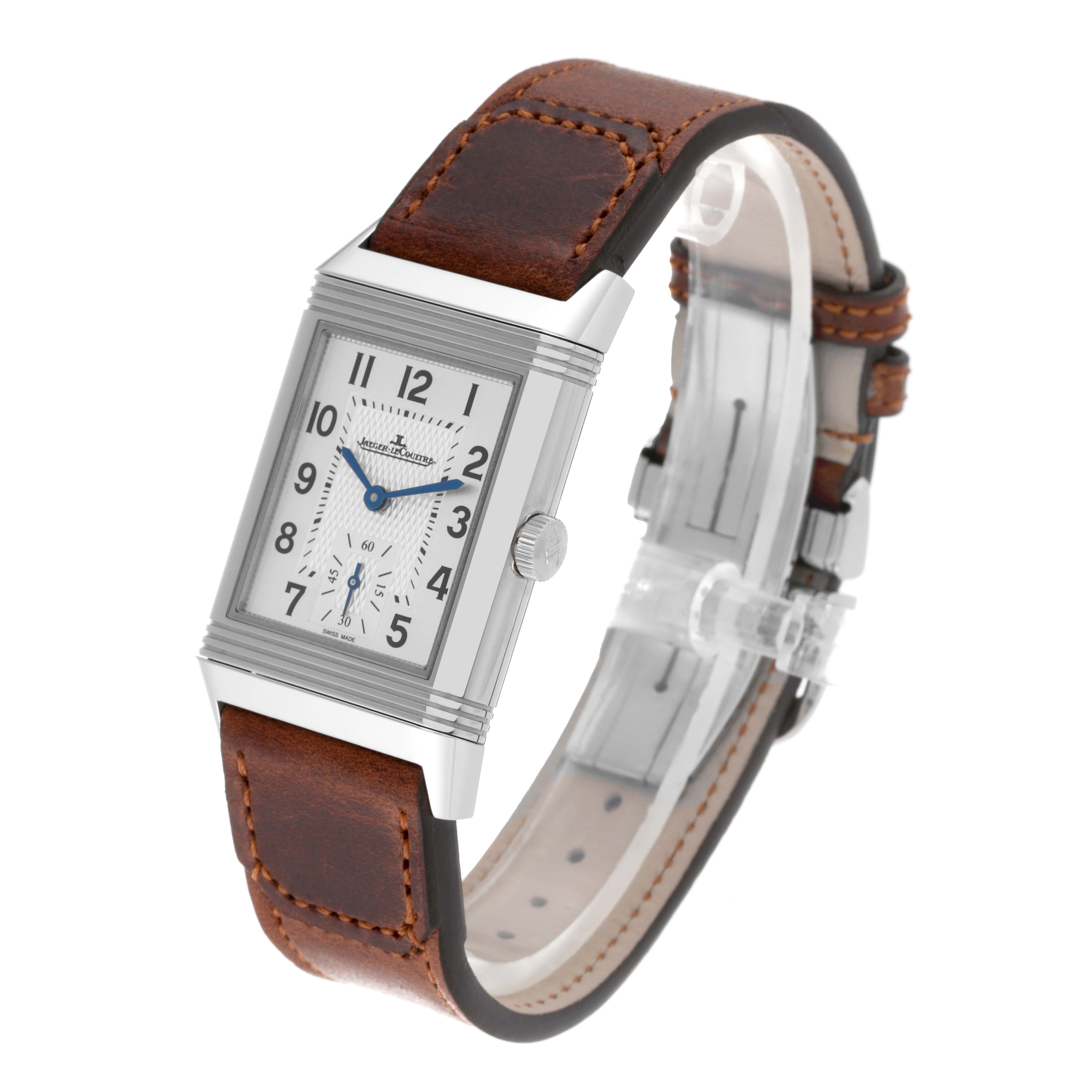 The image shows a front angled view of a Jaeger LeCoultre Reverso Q2458420 Men's Stainless Steel Black Dial Q2458420 Men's Stainless Steel Black Dial watch, highlighting the dial and brown leather strap.