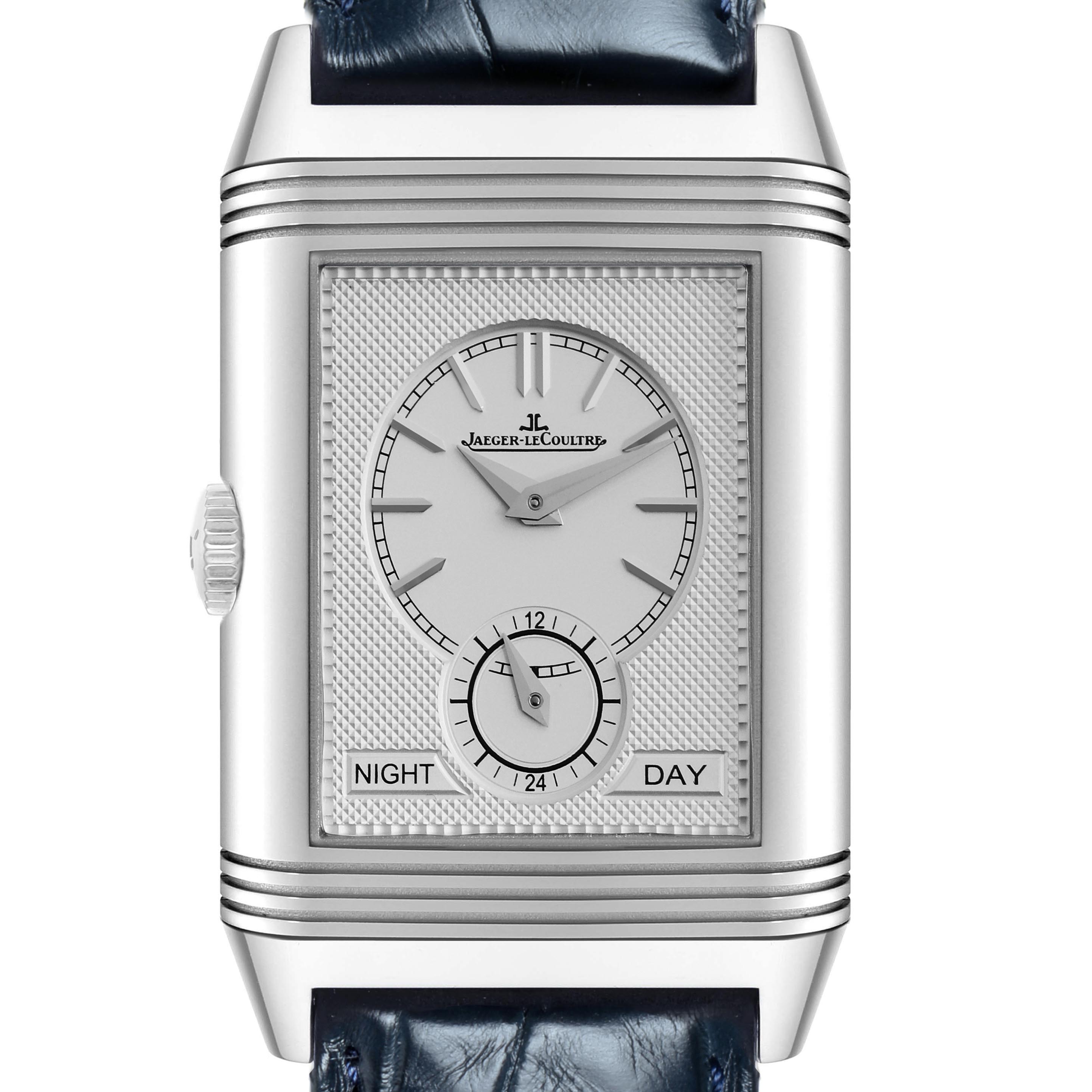The Jaeger-LeCoultre Reverso watch is shown from the front, displaying its face, hands, crown, and part of the strap.