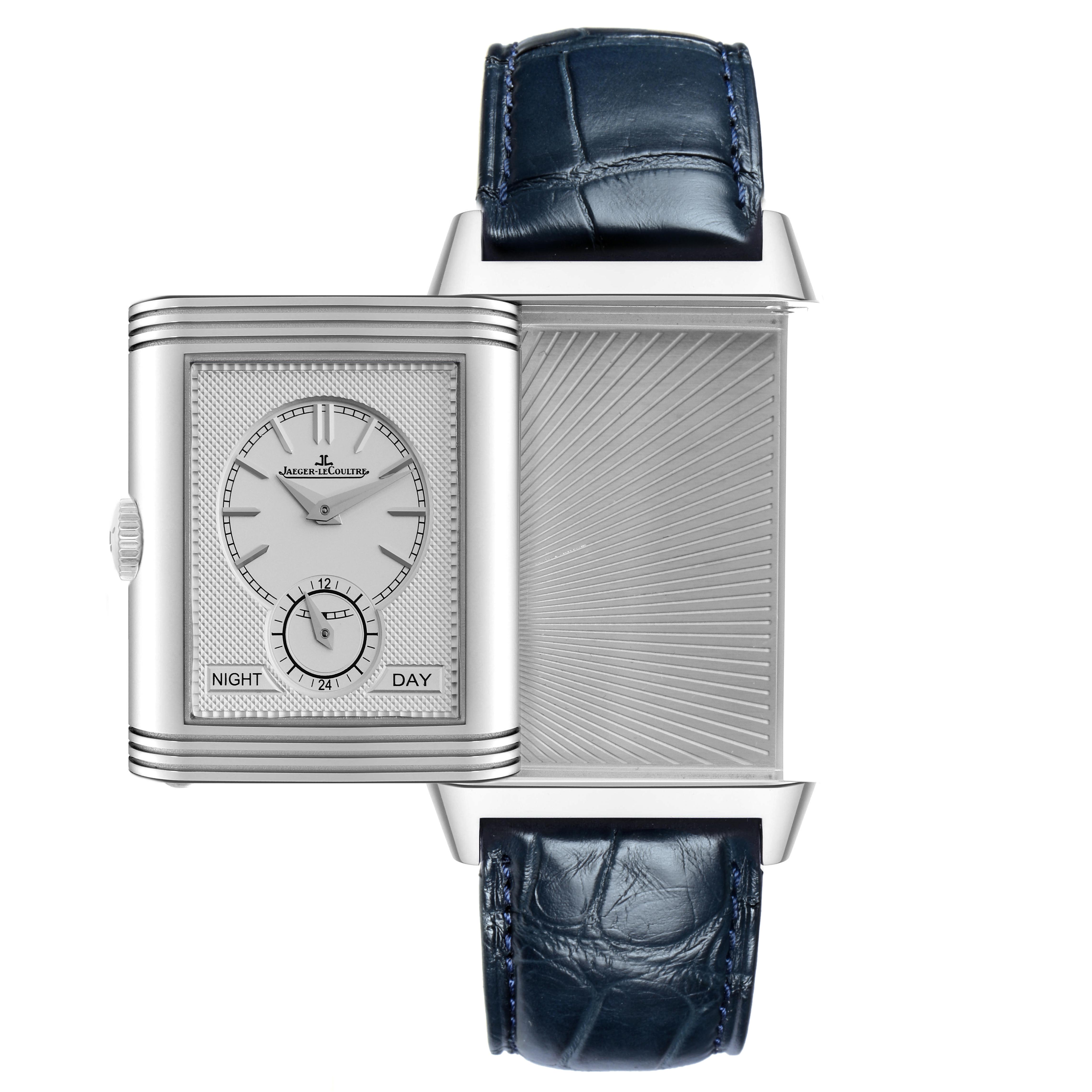 The Jaeger-LeCoultre Reverso watch is shown from the front and side angles, revealing both the dial and the reversible case back.