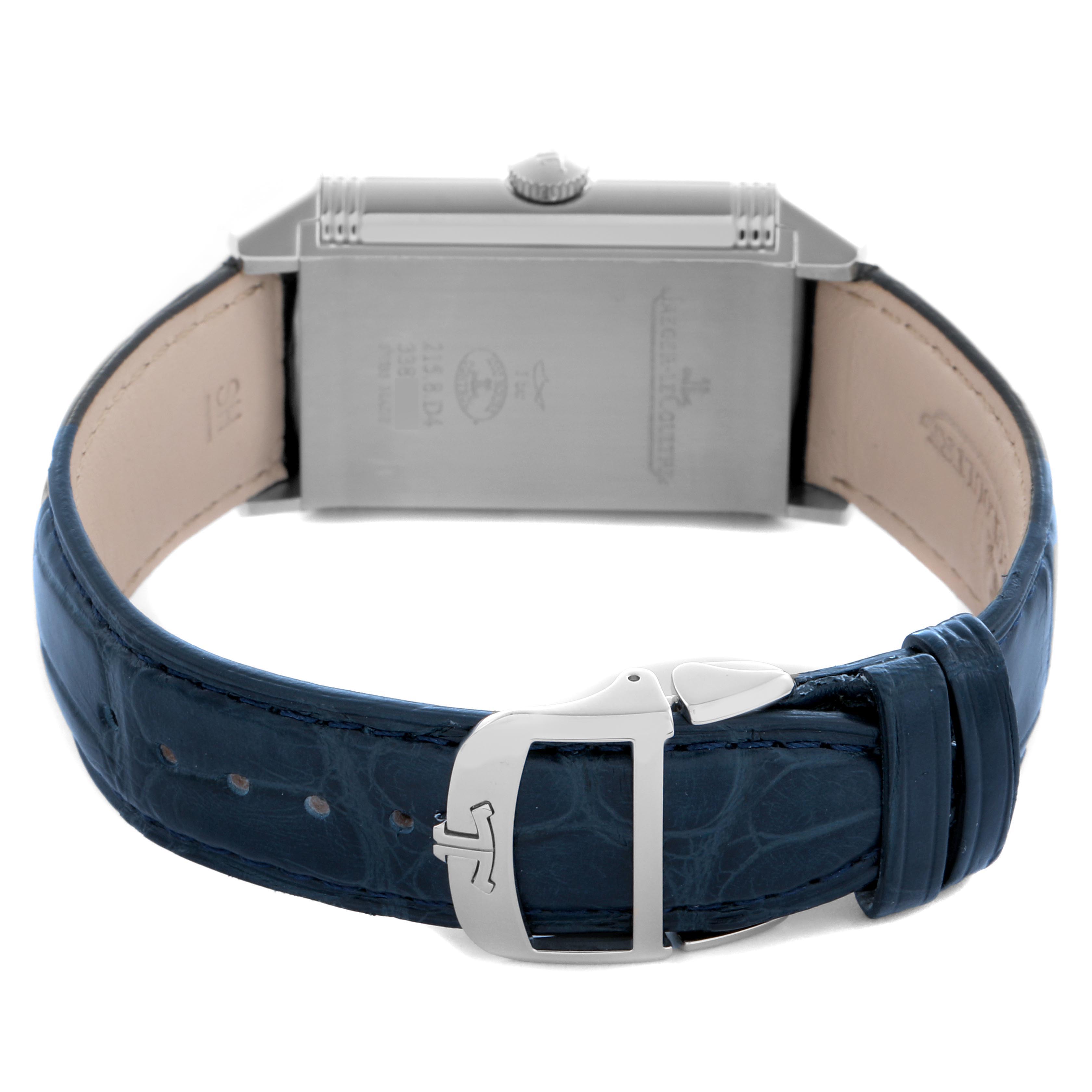 The image shows the back of a Jaeger LeCoultre Reverso Q3988482/215.8.D4 Men
s Stainless Steel Blue Dial Q3988482/215.8.D4 Men
s Stainless Steel Blue Dial watch with a blue leather strap and clasp.