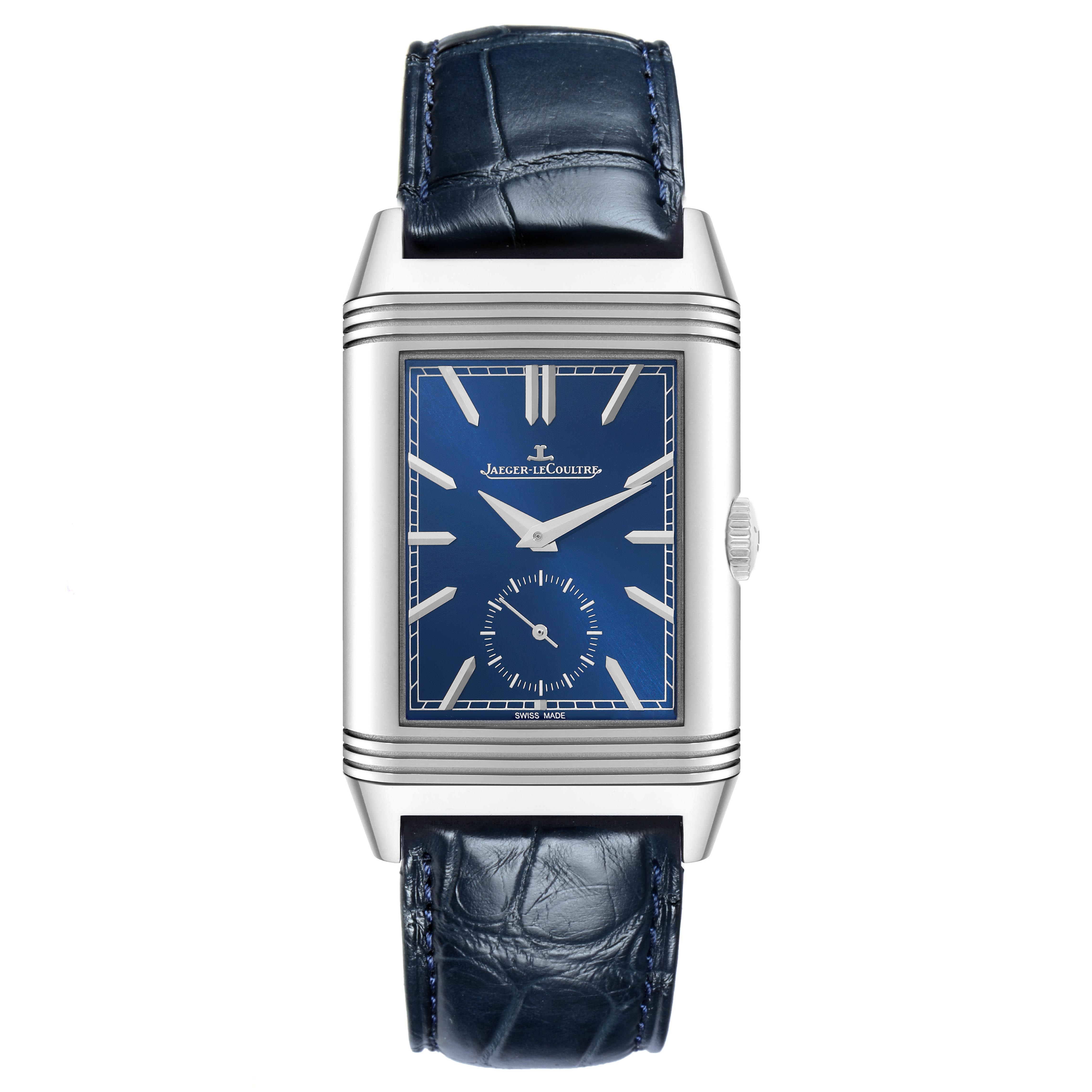 The Jaeger-LeCoultre Reverso watch is shown from the front, highlighting its blue dial and rectangular case.
