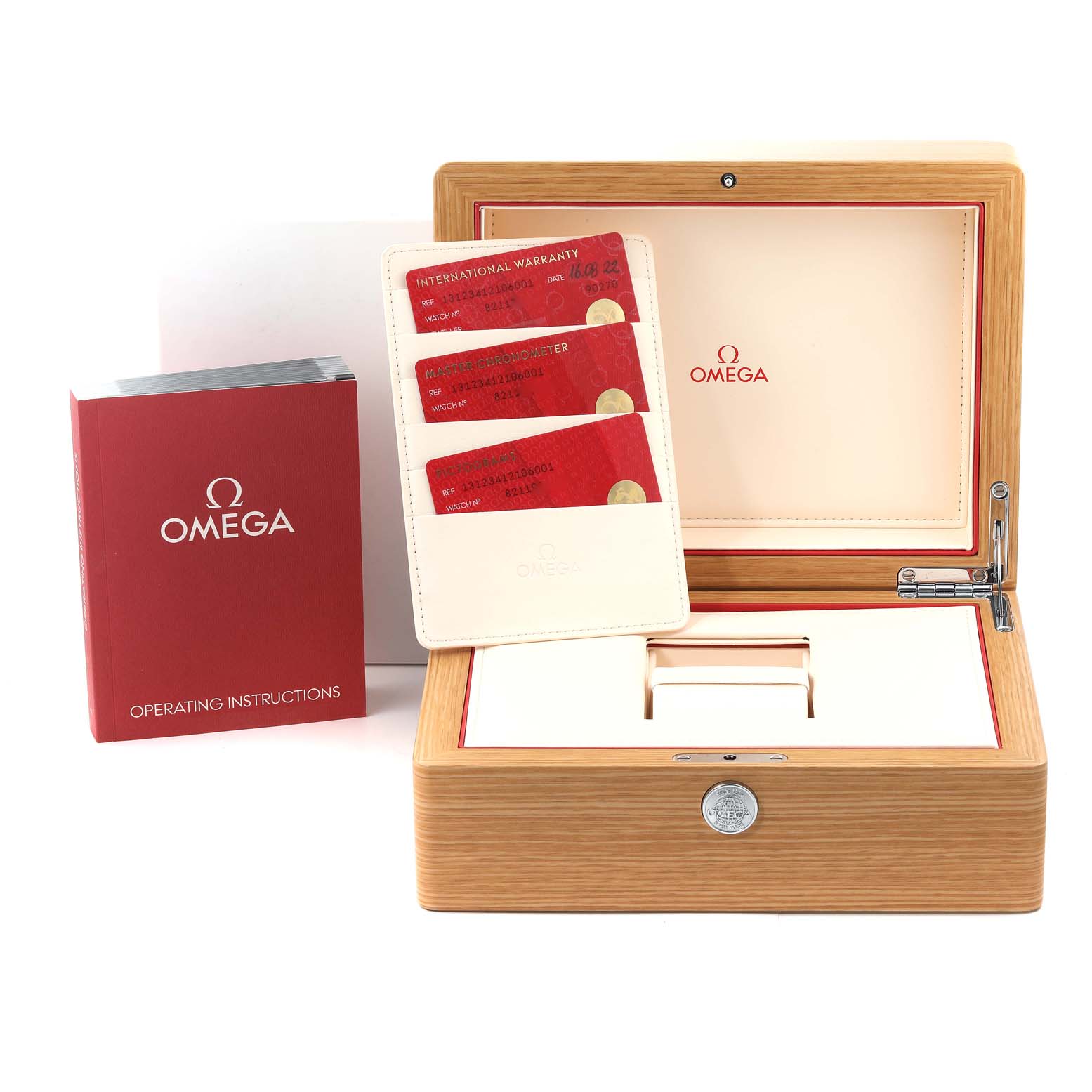 This Omega Constellation 131.23.41.21.06.001 Men's Steel and Gold (two tone) Grey Dial 131.23.41.21.06.001 Men's Steel and Gold (two tone) Grey Dial set features a wooden storage box, operating instructions booklet, and red-labeled warranty cards.