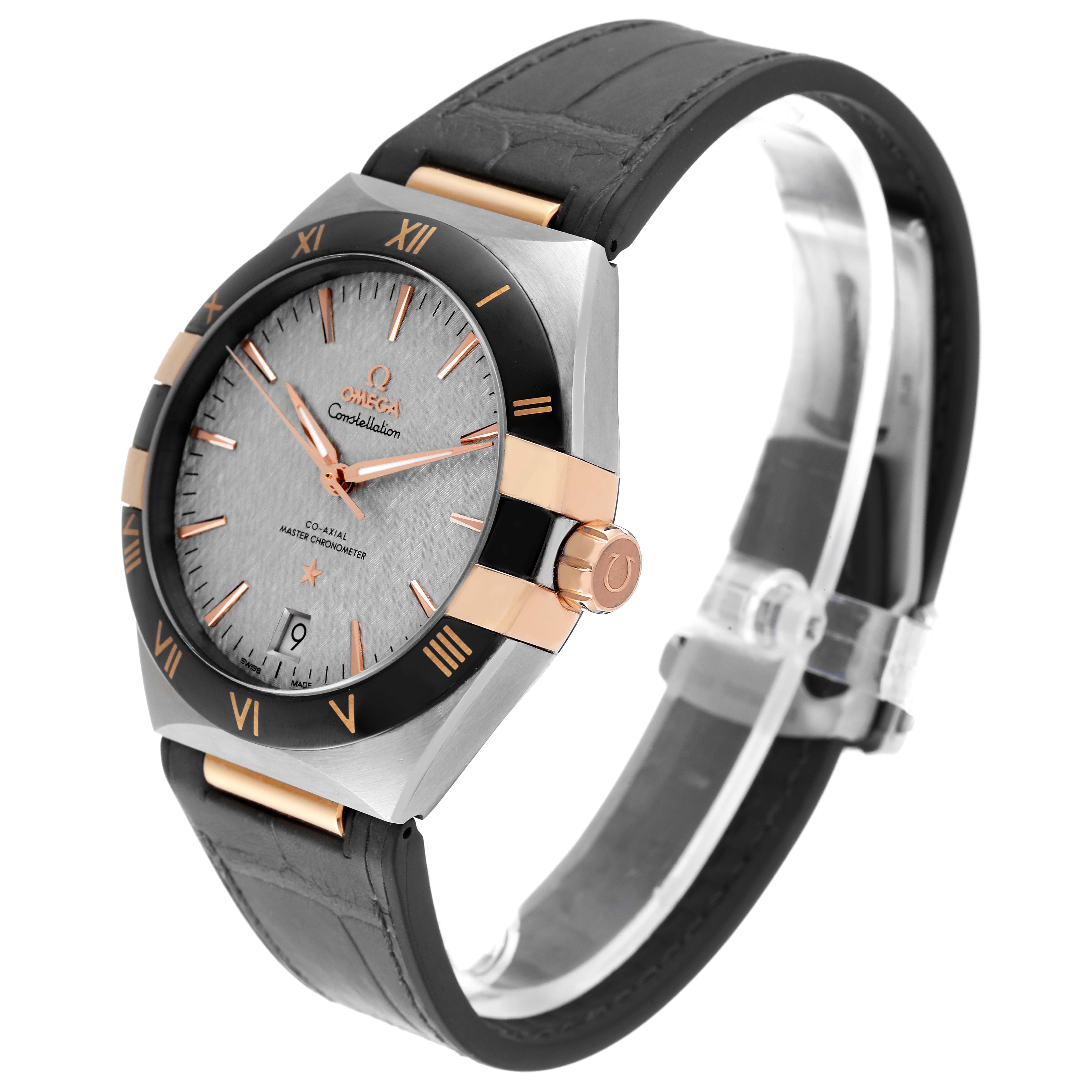 This Omega Constellation 131.23.41.21.06.001 Men's Steel and Gold (two tone) Grey Dial 131.23.41.21.06.001 Men's Steel and Gold (two tone) Grey Dial model watch is shown at a three-quarter angle, highlighting the dial, bezel, crown, and strap.