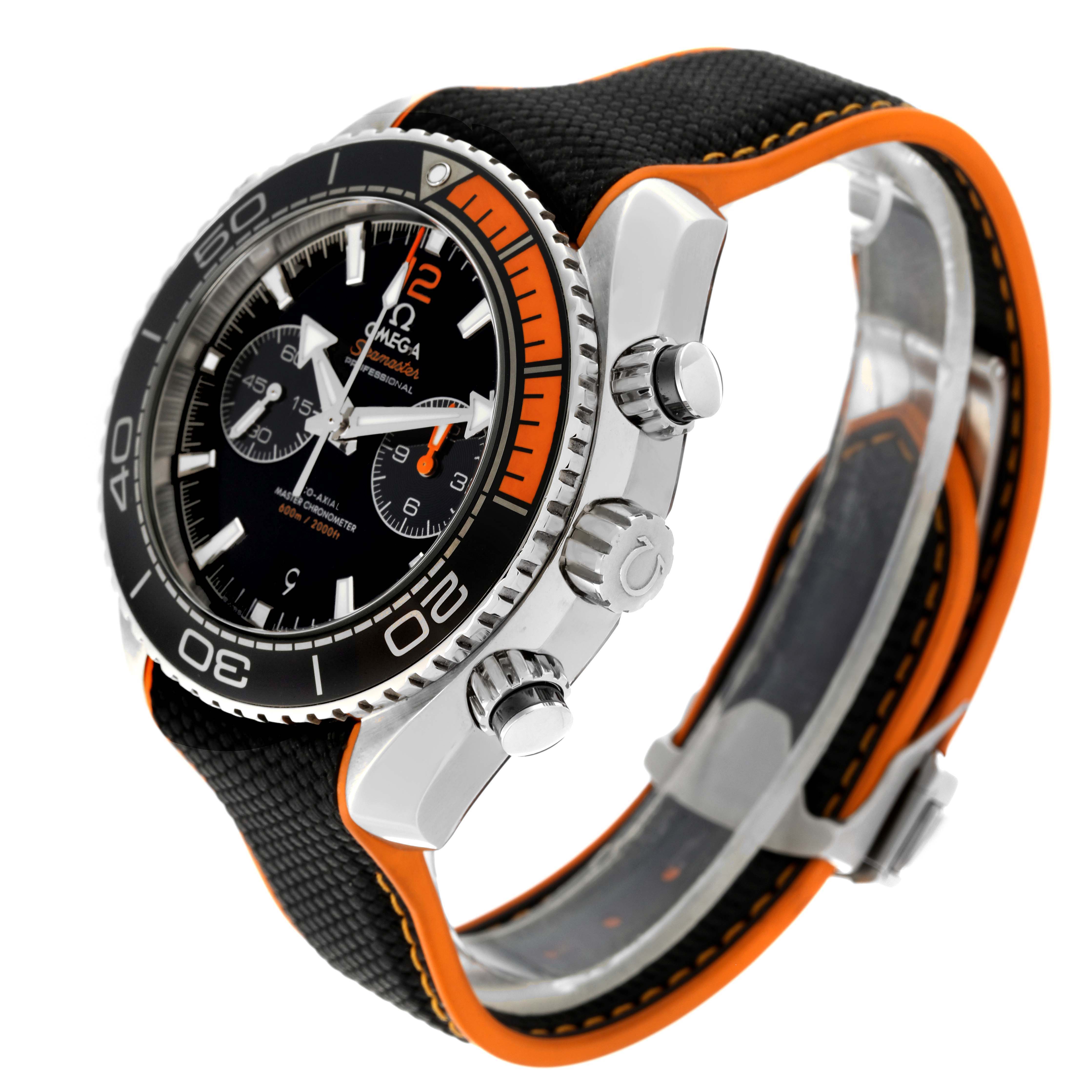 The watch is depicted from an angled side view, showcasing the Omega Planet Ocean 215.32.46.51.01.001 Men
s Stainless Steel Black Dial 215.32.46.51.01.001 Men
s Stainless Steel Black Dial
s bezel, crown, pushers, and strap.