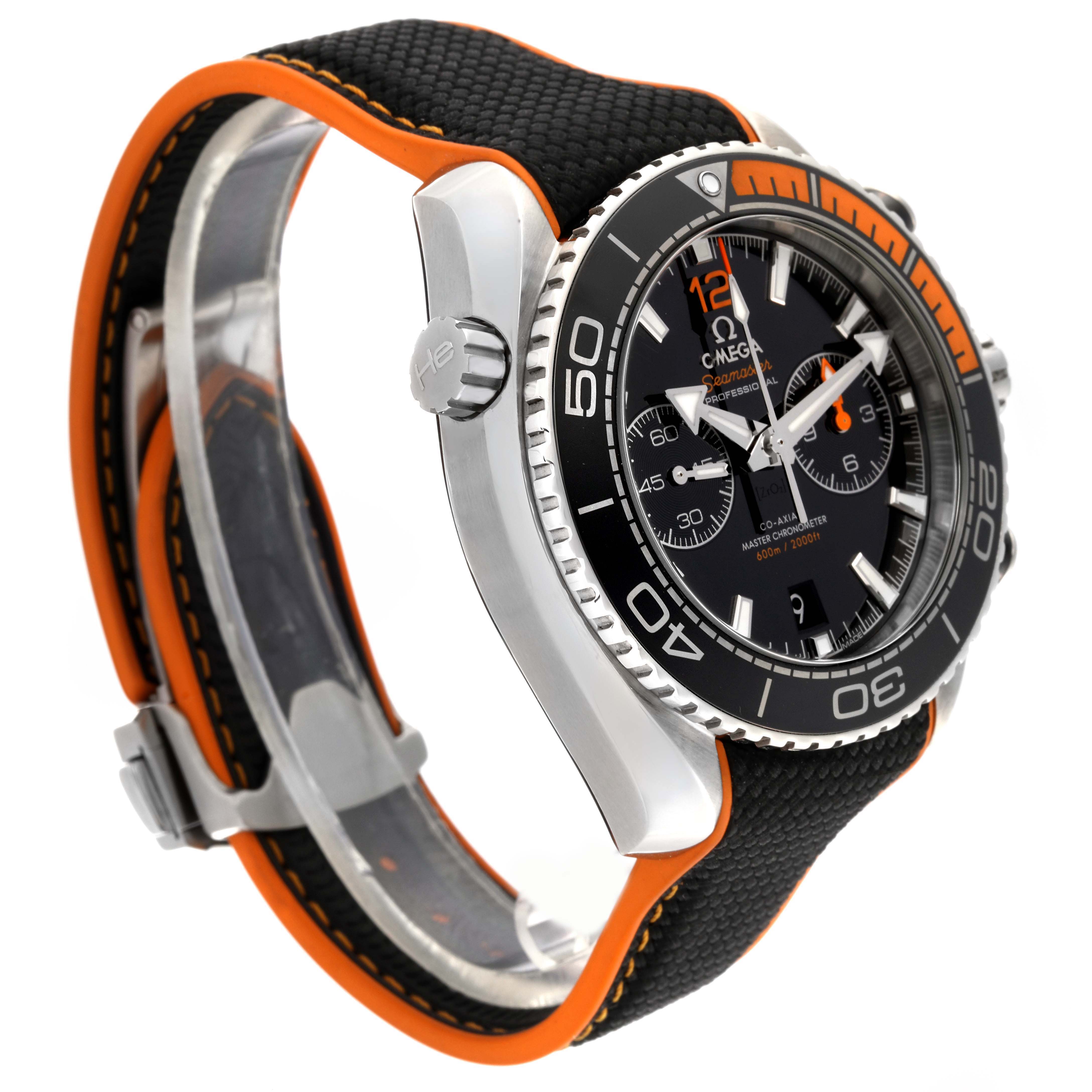 The Omega Planet Ocean 215.32.46.51.01.001 Men
s Stainless Steel Black Dial 215.32.46.51.01.001 Men
s Stainless Steel Black Dial watch is shown at a three-quarter angle, highlighting the bezel, crown, strap, and face details.