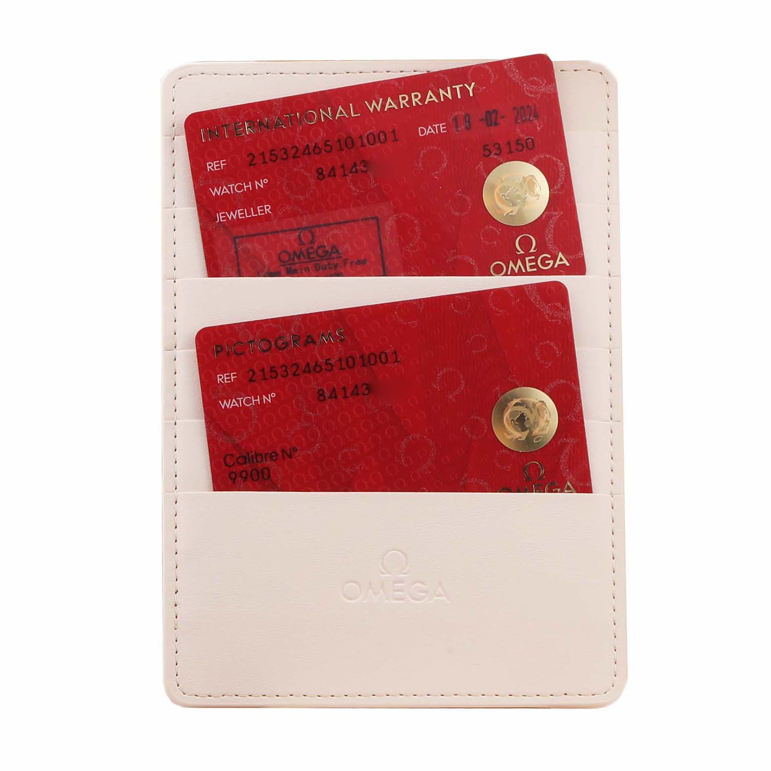 The image shows the Omega Planet Ocean 215.32.46.51.01.001 Men
s Stainless Steel Black Dial 215.32.46.51.01.001 Men
s Stainless Steel Black Dial
s warranty and pictogram cards in a branded cardholder.