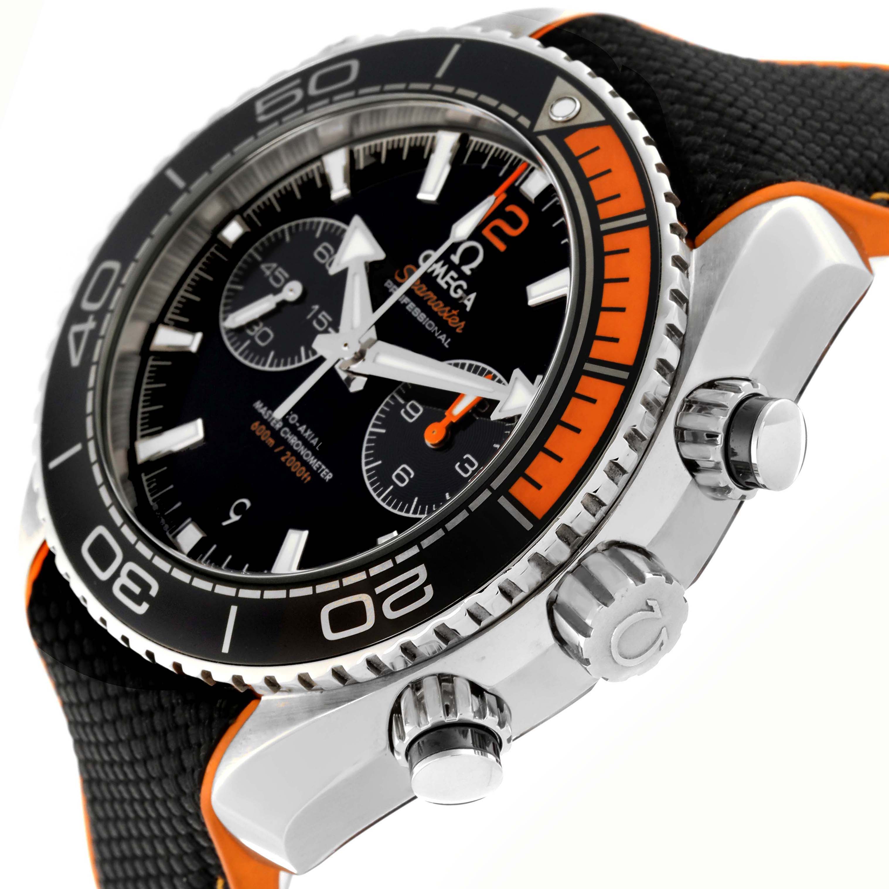 The Omega Planet Ocean 215.32.46.51.01.001 Men
s Stainless Steel Black Dial 215.32.46.51.01.001 Men
s Stainless Steel Black Dial watch is shown at an angled close-up, highlighting the bezel, chronograph dials, and crown.