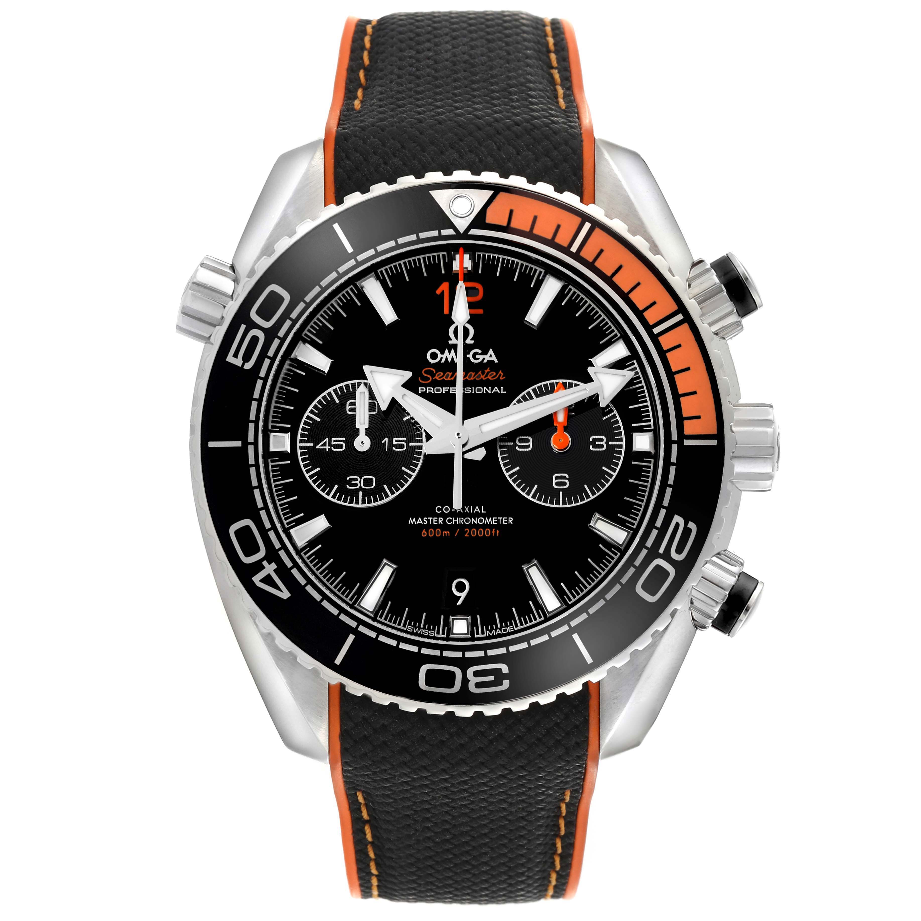 The Omega Planet Ocean 215.32.46.51.01.001 Men
s Stainless Steel Black Dial 215.32.46.51.01.001 Men
s Stainless Steel Black Dial watch is shown from a front angle, displaying the face, bezel, and strap.