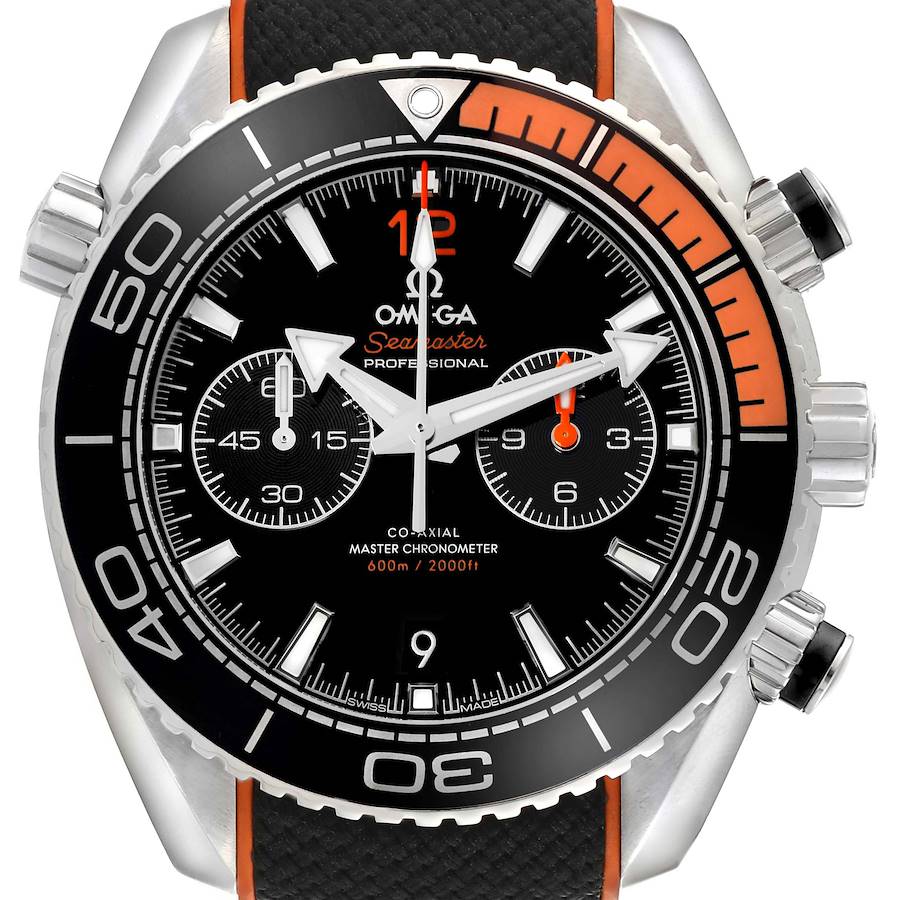 The Omega Planet Ocean watch is shown from a front angle, displaying the dial, bezel, and crown.