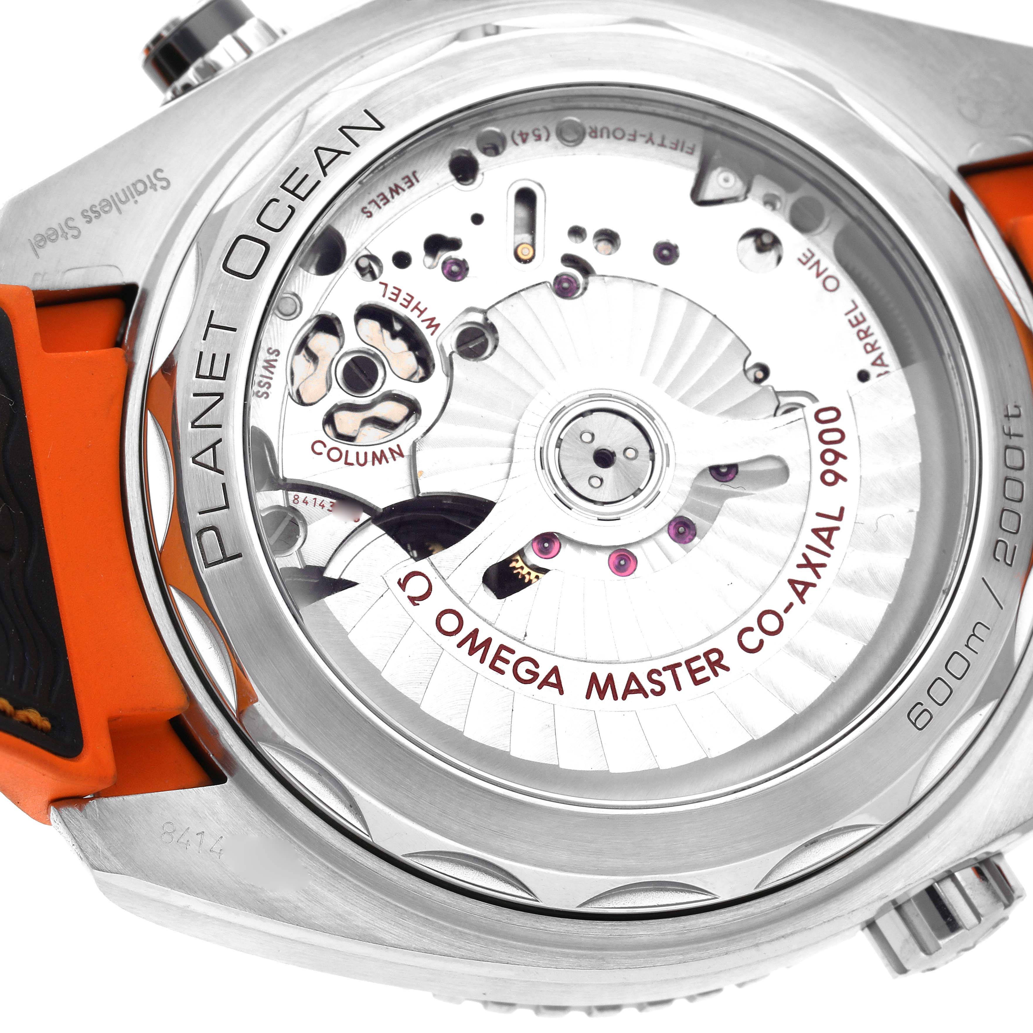 The image shows the back of the Omega Planet Ocean 215.32.46.51.01.001 Men
s Stainless Steel Black Dial 215.32.46.51.01.001 Men
s Stainless Steel Black Dial watch, highlighting the movement and rotor through a transparent case back.