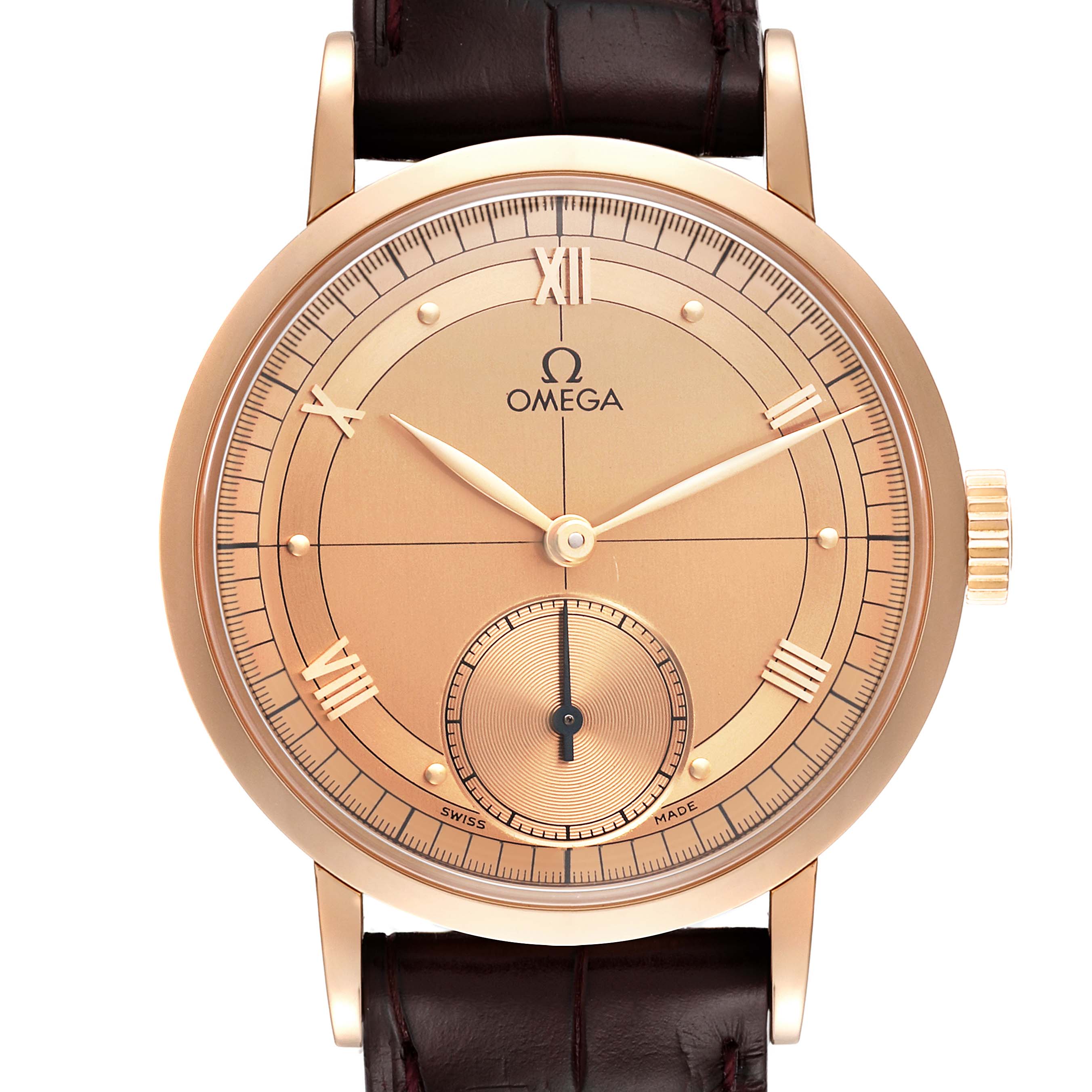 This image shows a front view of the Omega Museum 5950.30.03 Men's Rose Gold Brown Dial 5950.30.03 Men's Rose Gold Brown Dial model watch, highlighting its rose gold color, dial, hands, and leather strap.