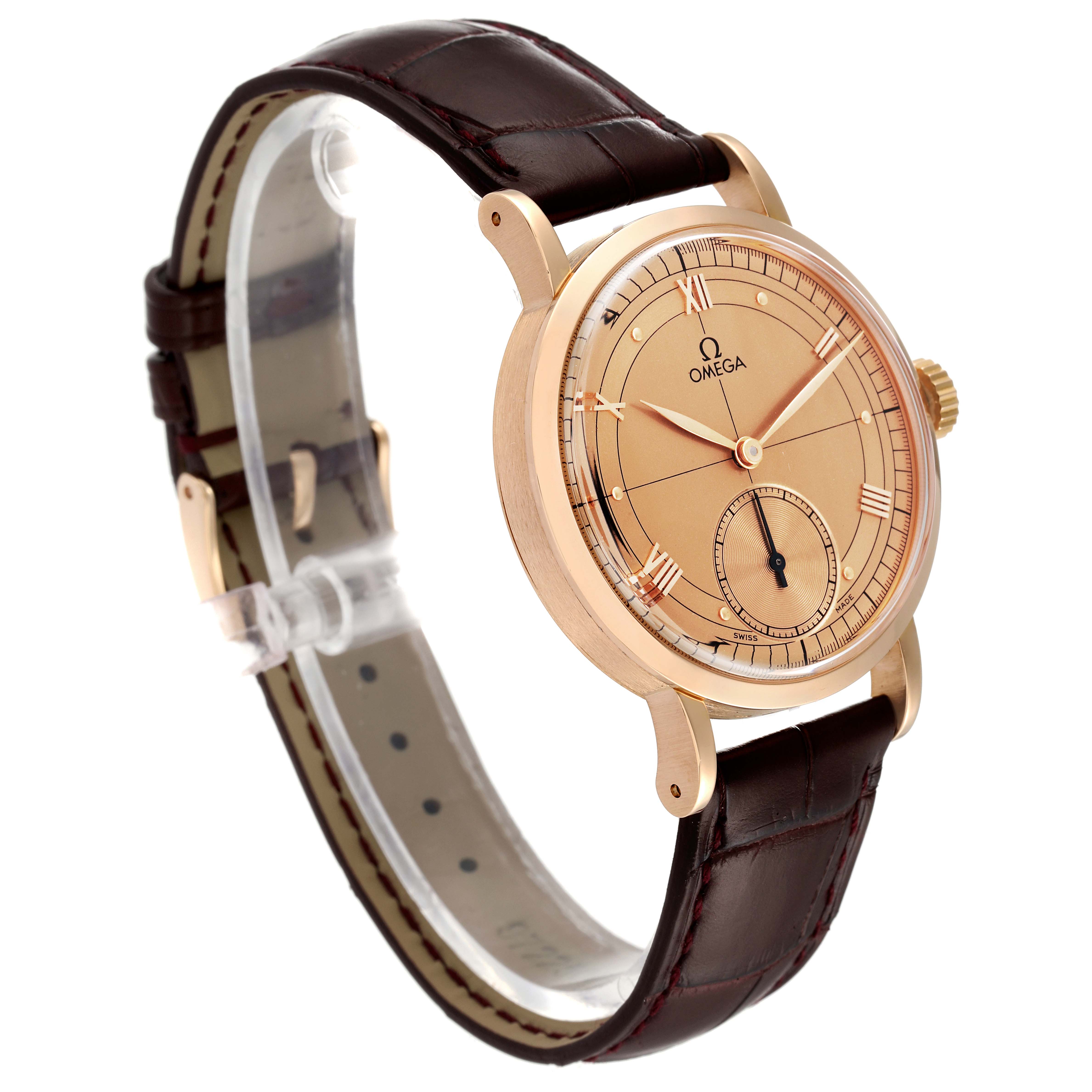 This Omega Museum 5950.30.03 Men's Rose Gold Brown Dial 5950.30.03 Men's Rose Gold Brown Dial model watch is shown at a three-quarter angle, displaying its face, bezel, crown, and leather strap.