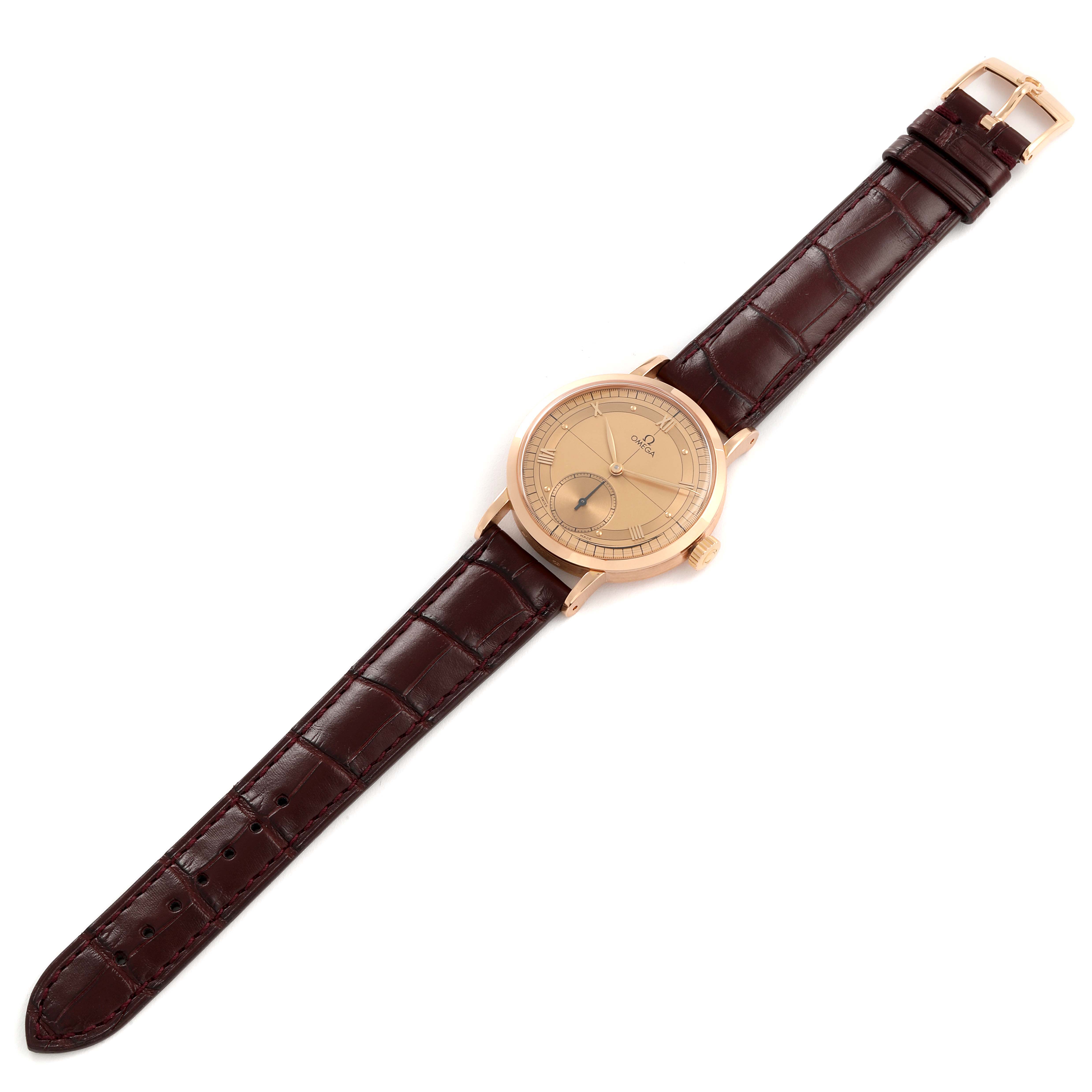 This image shows an overhead view of an Omega Museum 5950.30.03 Men's Rose Gold Brown Dial 5950.30.03 Men's Rose Gold Brown Dial model watch featuring a brown leather strap and a gold-tone dial.