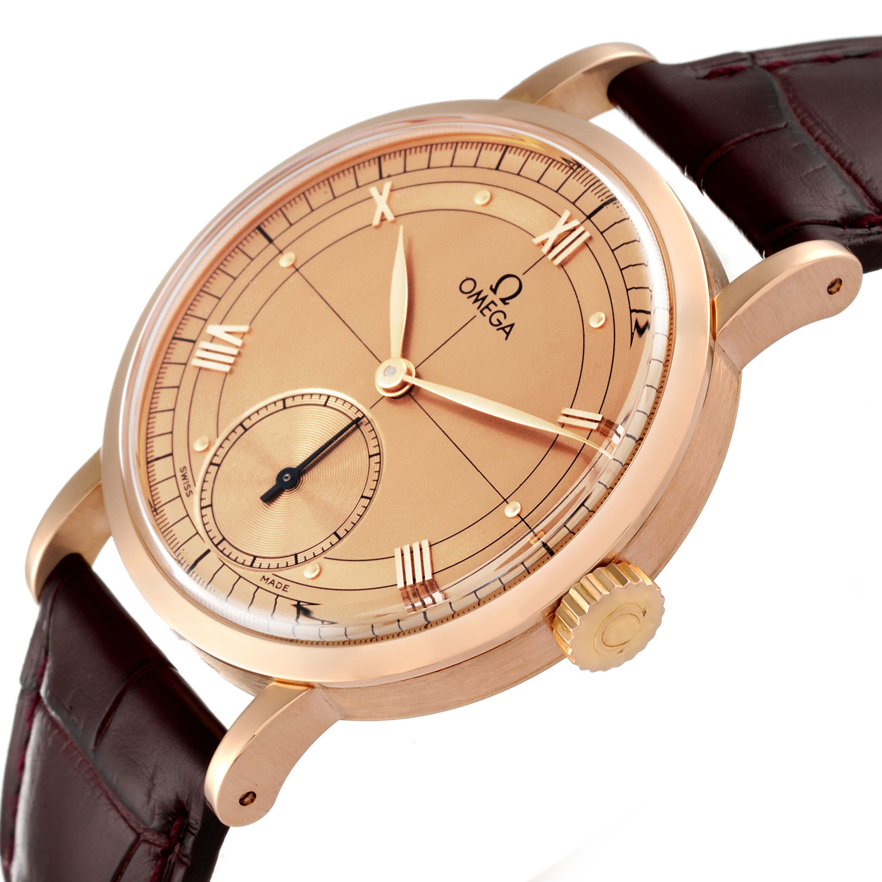 This Omega Museum 5950.30.03 Men's Rose Gold Brown Dial 5950.30.03 Men's Rose Gold Brown Dial model watch is angled to show the dial, hands, crown, and part of the leather strap.